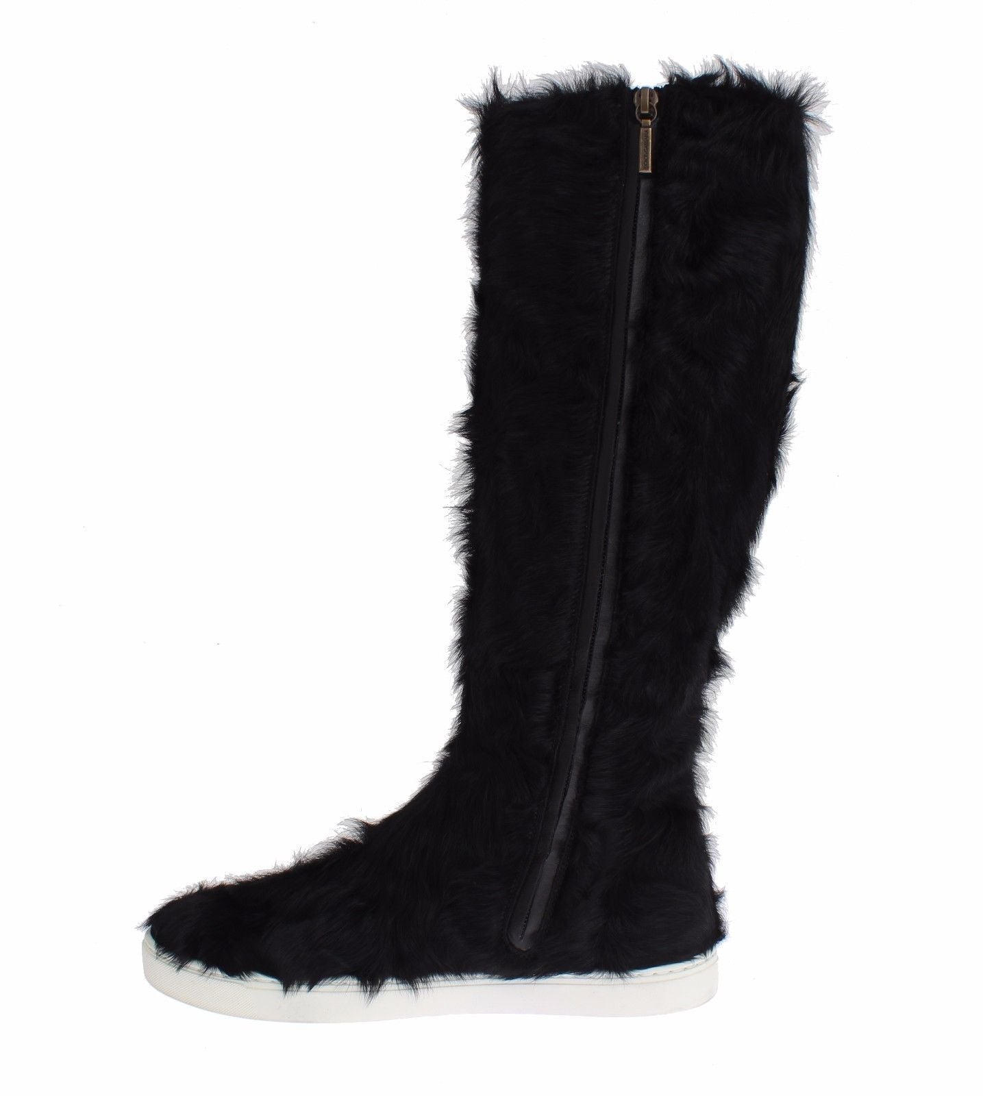 Dolce &amp; Gabbana Elegante flache Sneaker-Stiefel aus schwarzem Pelzleder