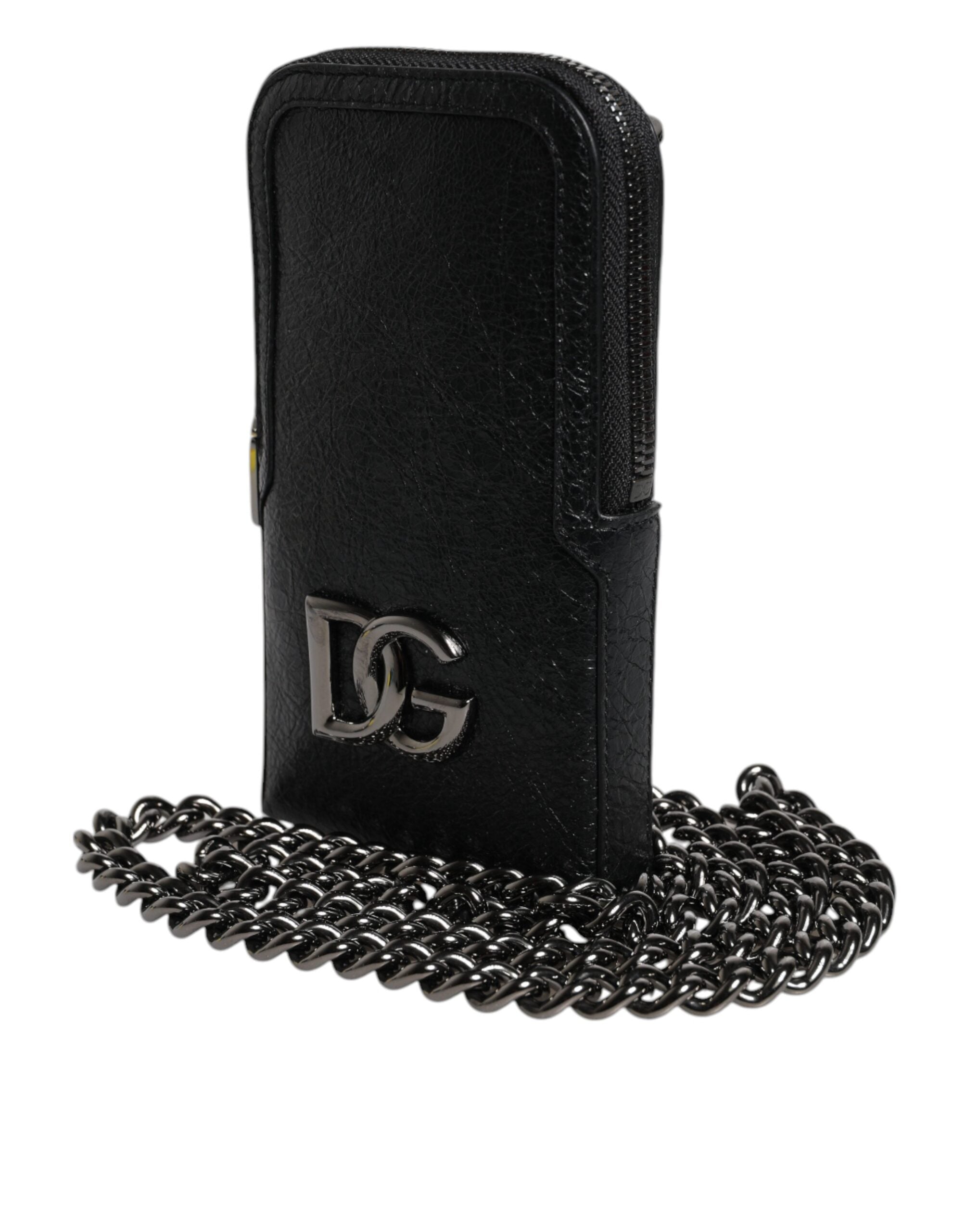 Geantă de telefon Dolce &amp; Gabbana din piele neagră cu lanț crossbody
