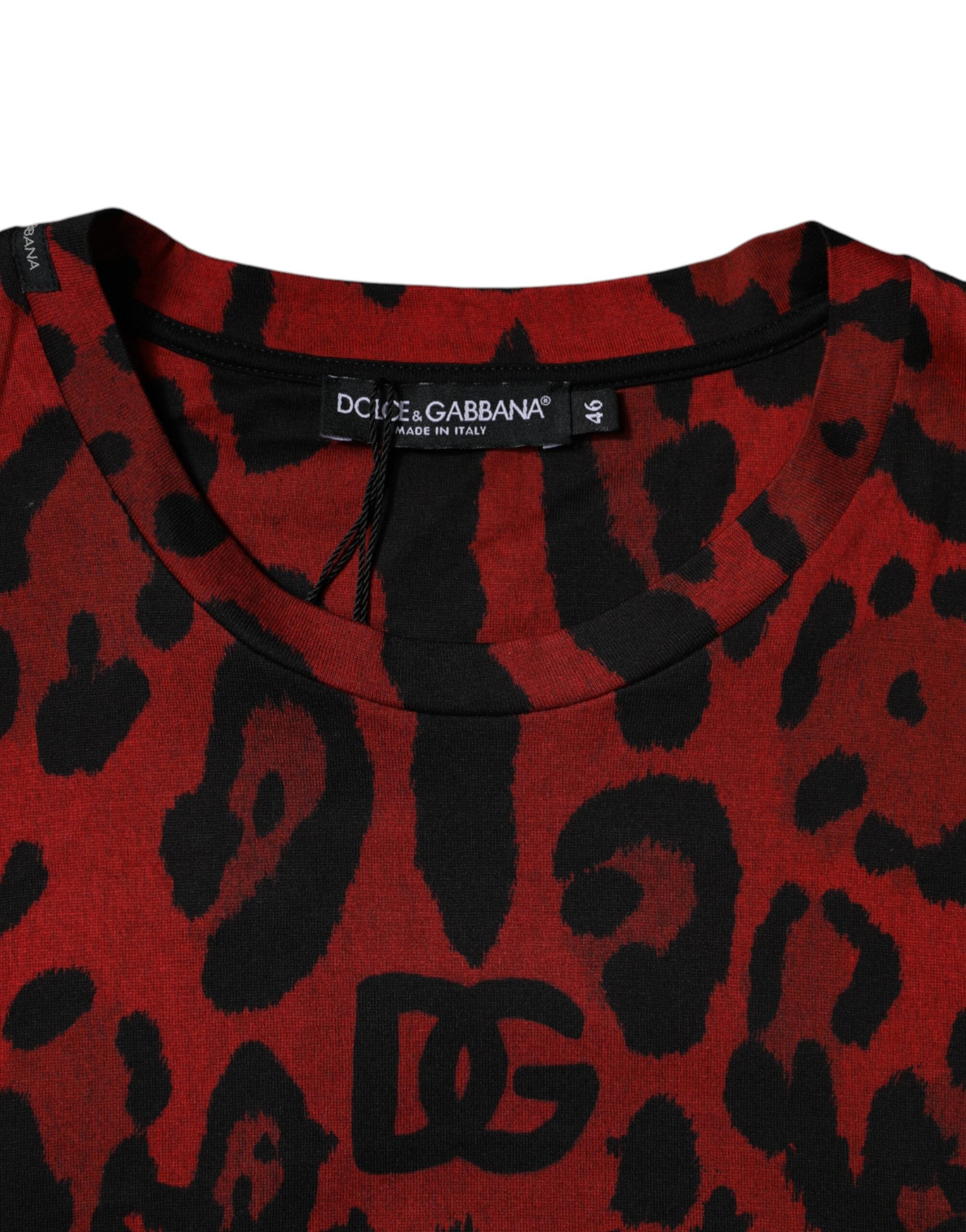 Dolce &amp; Gabbana Rotes Kurzarm-T-Shirt aus Baumwolle mit Leopardenmuster