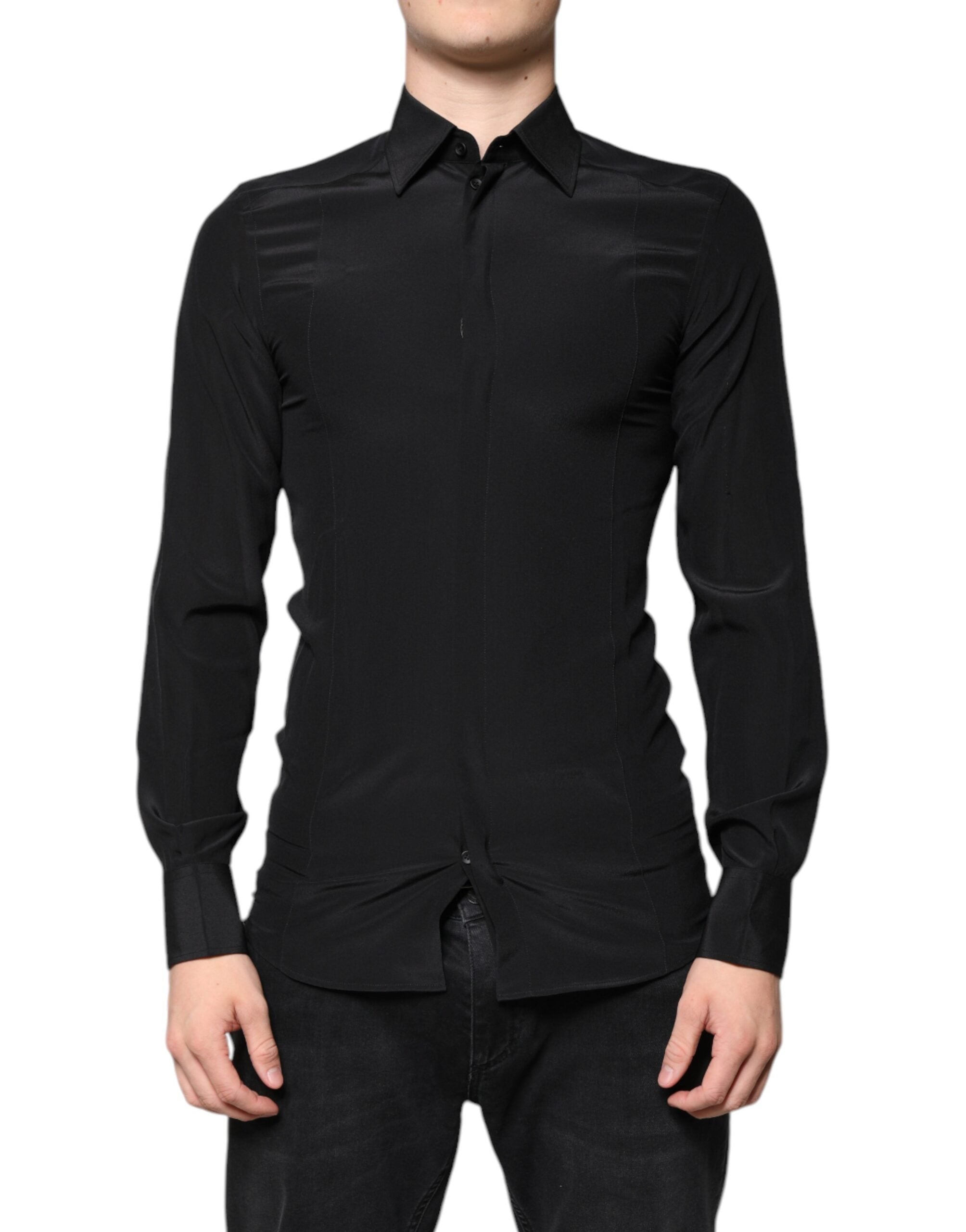 Dolce &amp; Gabbana Schwarzes Seidenhemd mit langen Ärmeln und GOLD