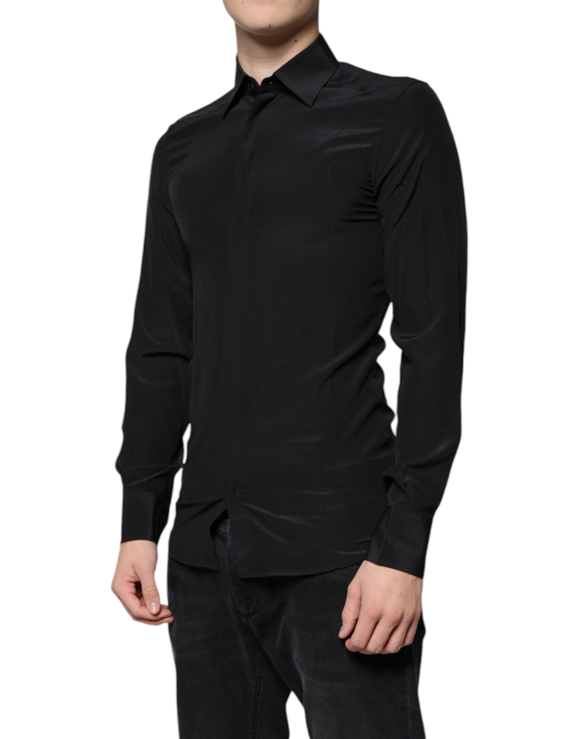 Dolce &amp; Gabbana Schwarzes Seidenhemd mit langen Ärmeln und GOLD