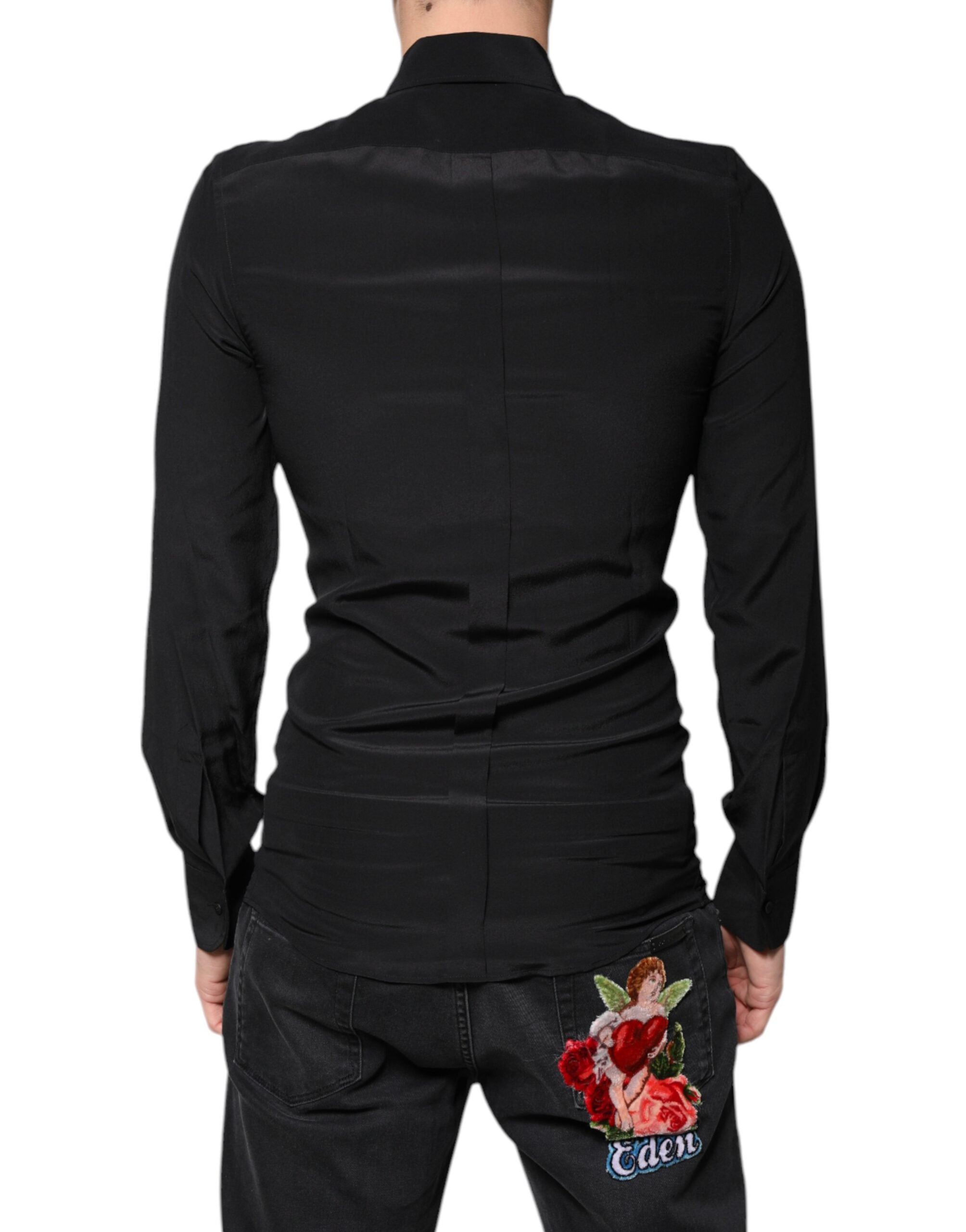 Dolce &amp; Gabbana Schwarzes Seidenhemd mit langen Ärmeln und GOLD