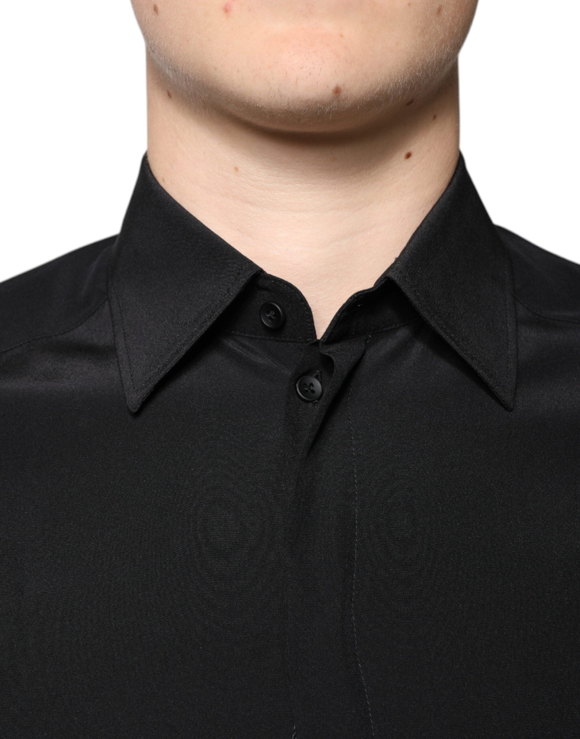 Dolce &amp; Gabbana Schwarzes Seidenhemd mit langen Ärmeln und GOLD