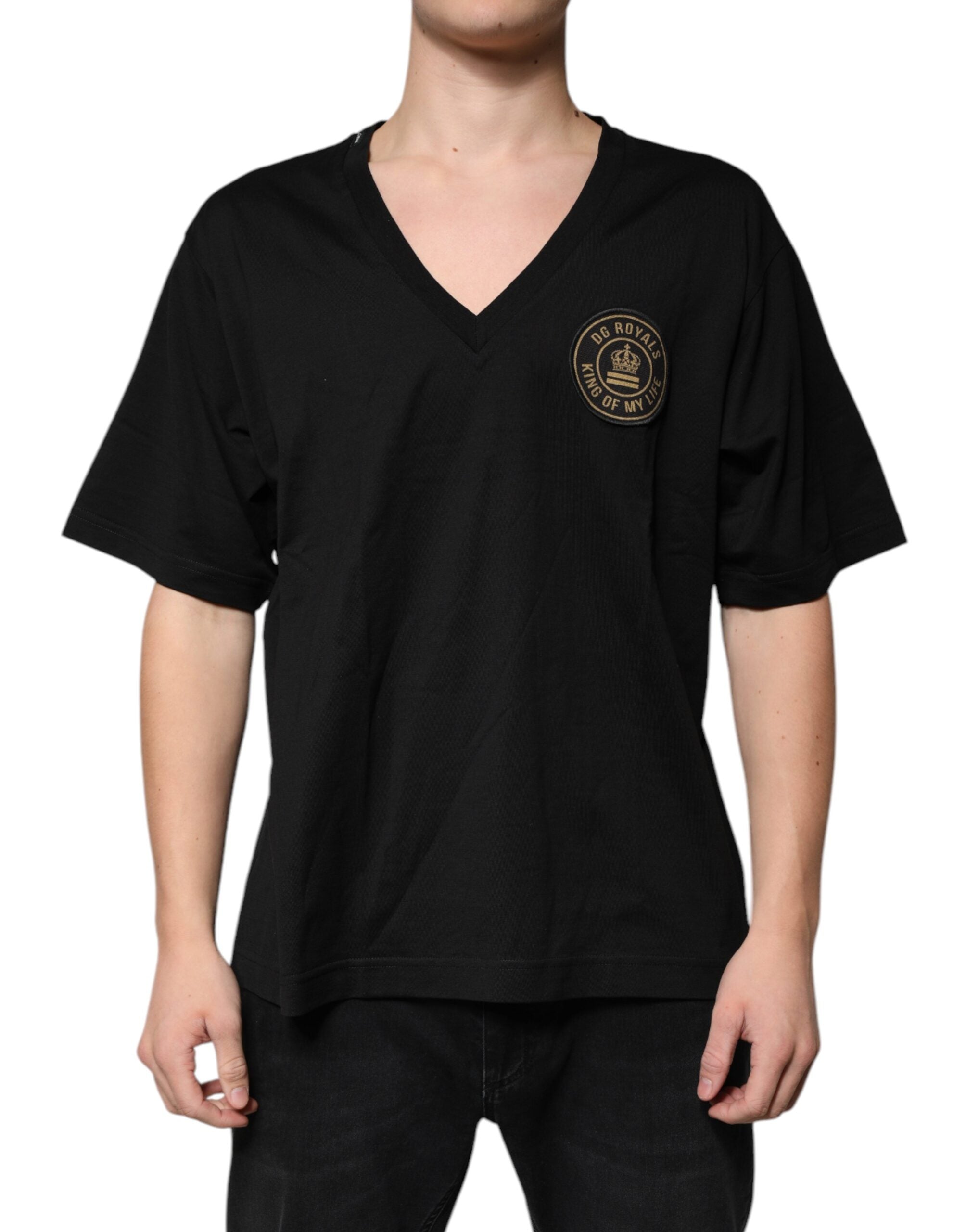 Dolce &amp; Gabbana – Schwarzes, kurzärmliges T-Shirt mit V-Ausschnitt und Logo aus Baumwolle