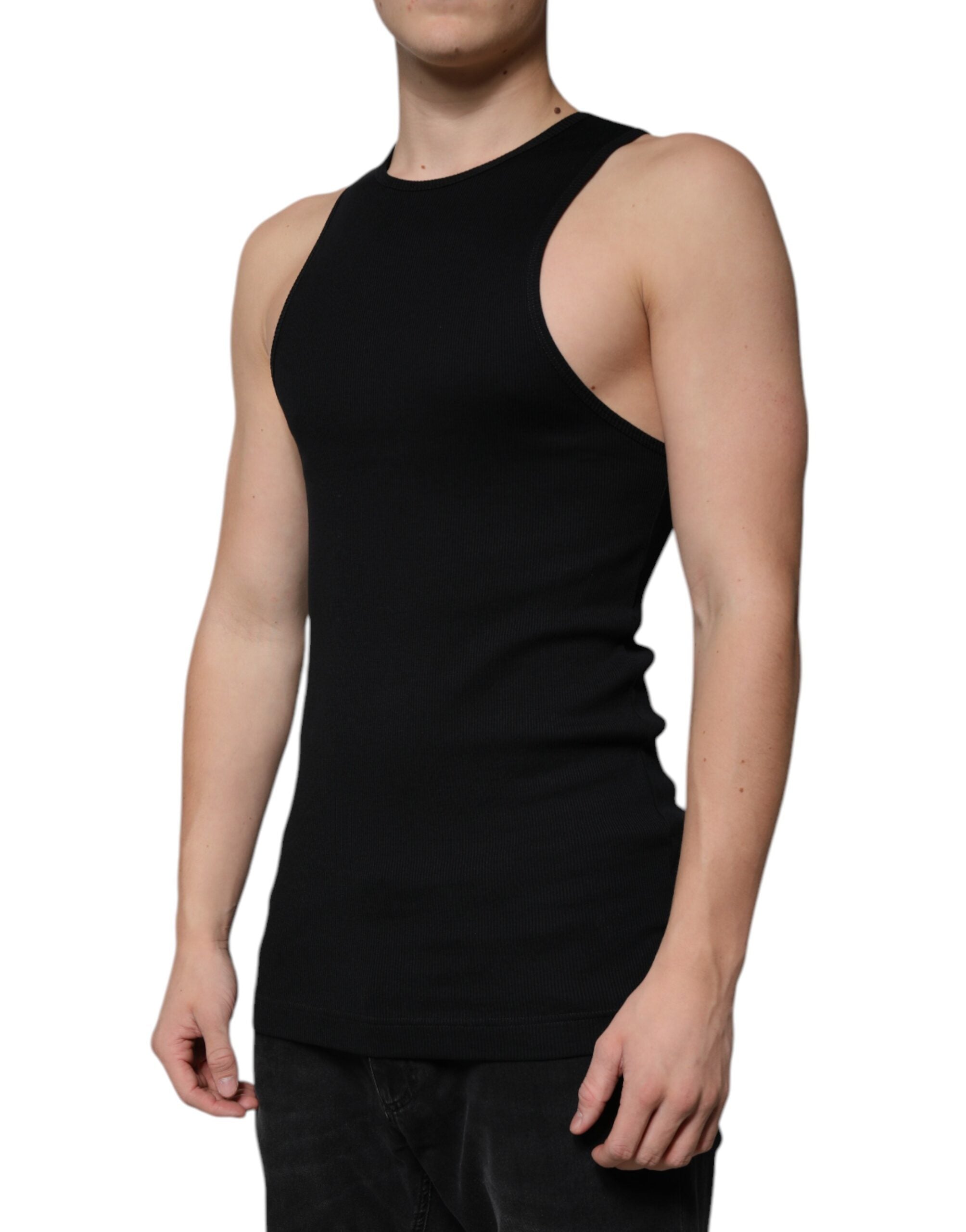 Tricou Dolce &amp; Gabbana negru din bumbac, fără mâneci, cu guler rotund