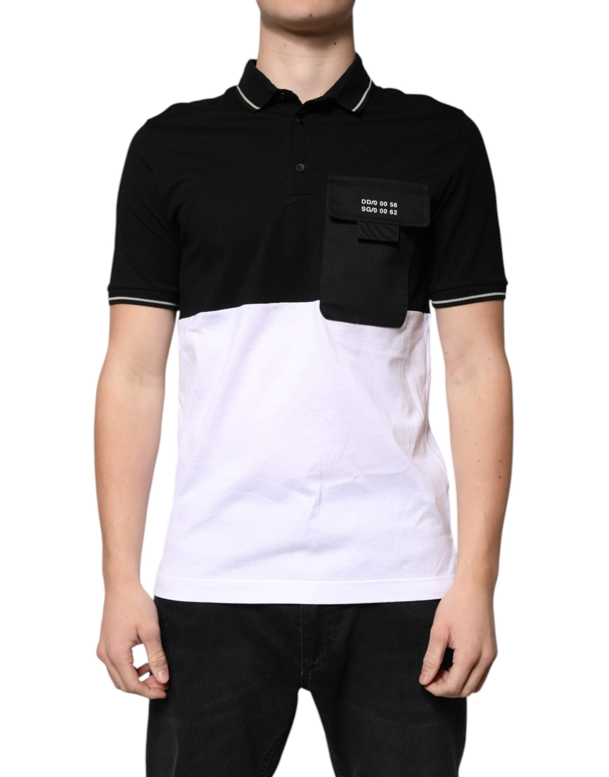 Tricou polo cu mânecă scurtă din bumbac alb-negru Dolce &amp; Gabbana