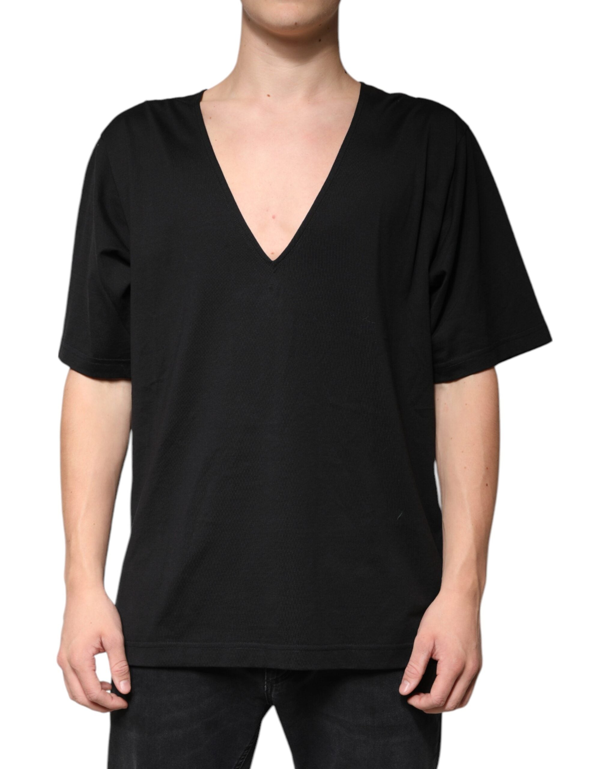 Dolce &amp; Gabbana – Schwarzes T-Shirt aus Baumwolle mit V-Ausschnitt und kurzen Ärmeln