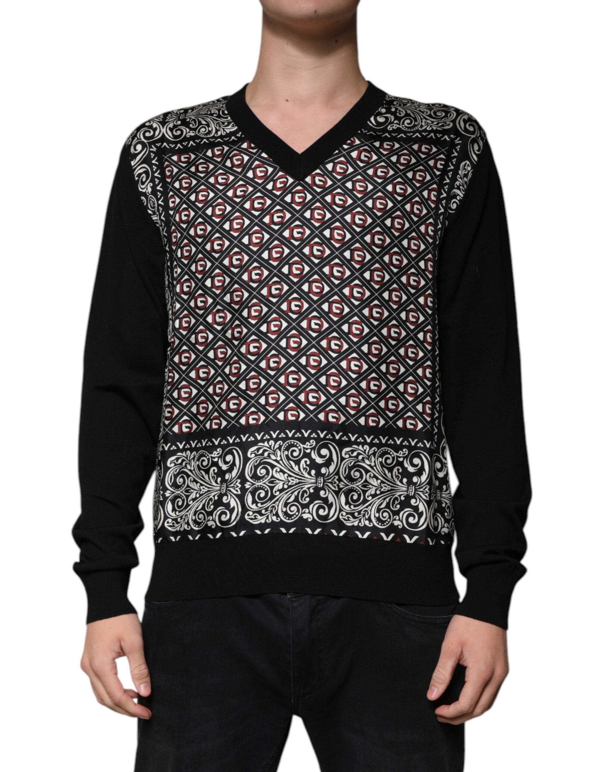 Dolce &amp; Gabbana – Schwarzer Pullover aus Wolle mit V-Ausschnitt und Logo