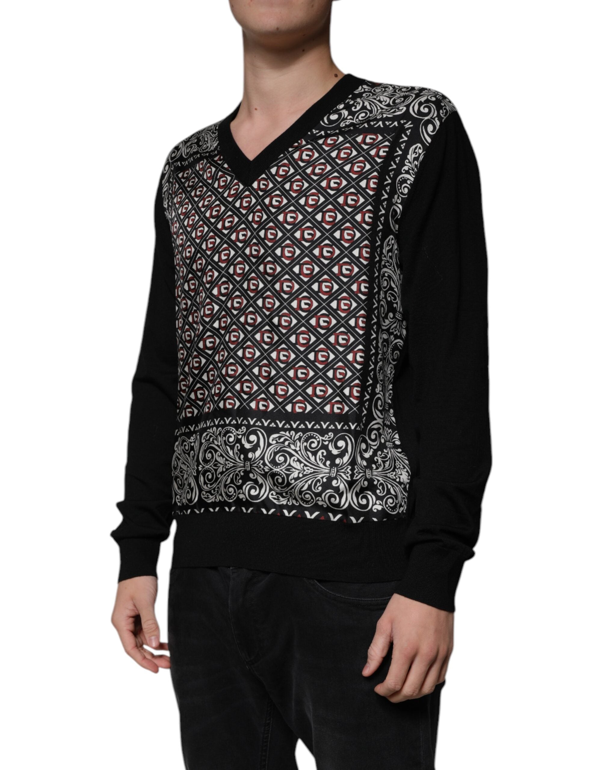 Dolce &amp; Gabbana – Schwarzer Pullover aus Wolle mit V-Ausschnitt und Logo