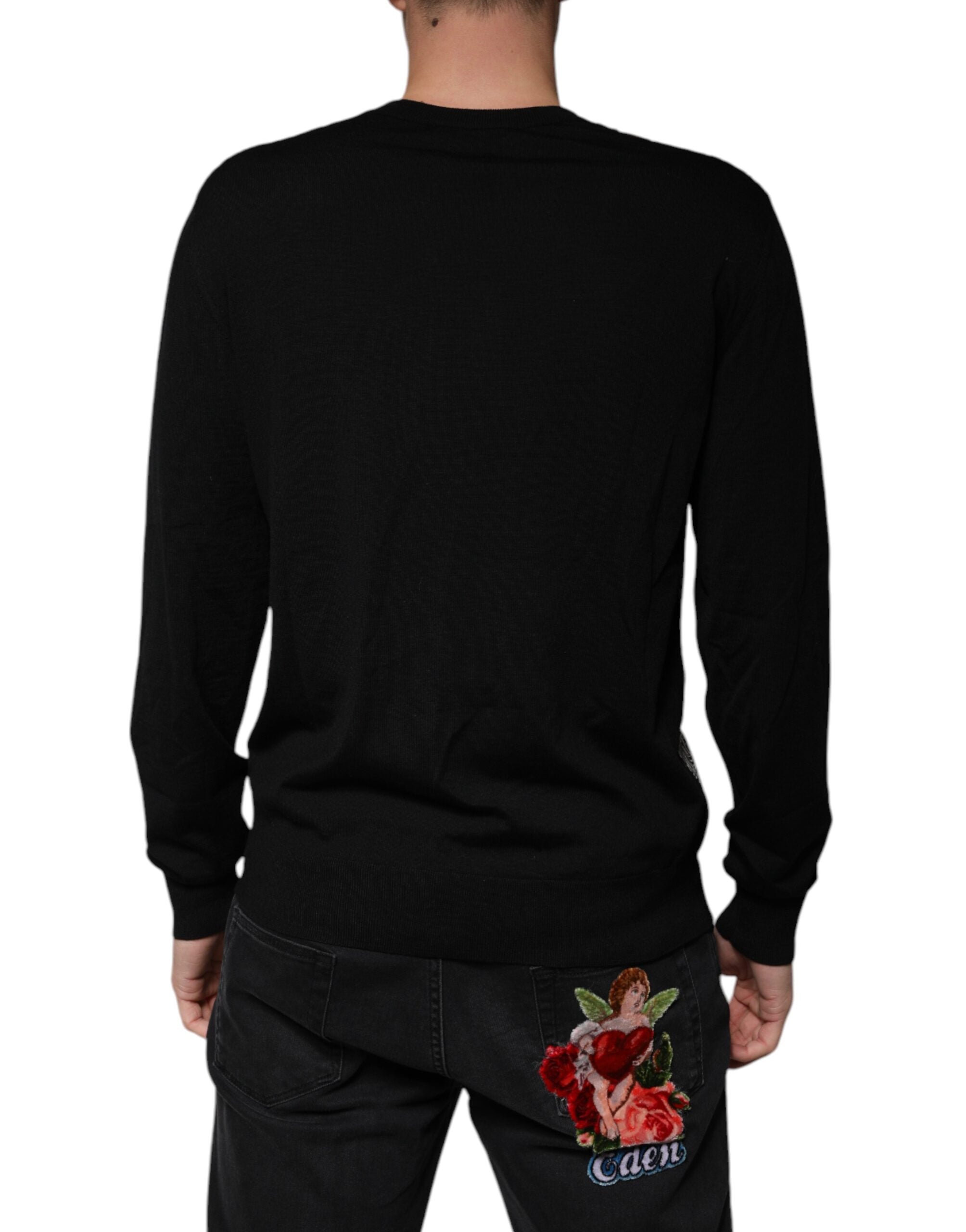 Dolce &amp; Gabbana – Schwarzer Pullover aus Wolle mit V-Ausschnitt und Logo