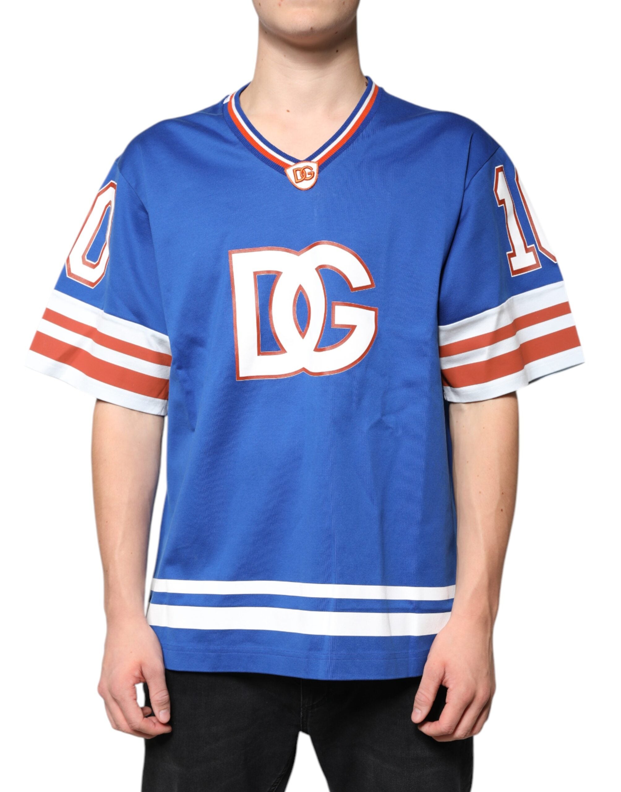Dolce &amp; Gabbana – Blaues T-Shirt mit V-Ausschnitt und kurzen Ärmeln