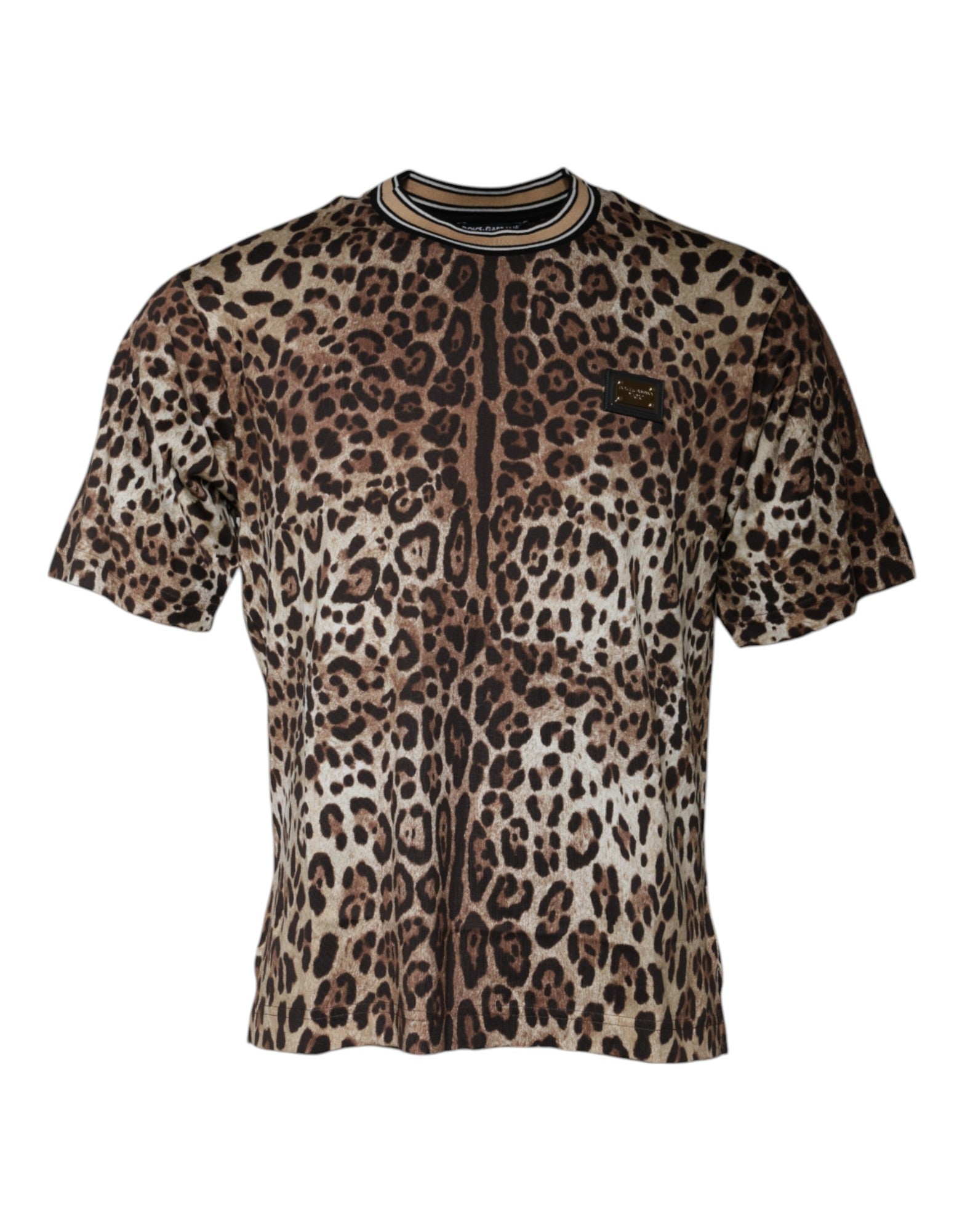 Dolce &amp; Gabbana – Braunes, kurzärmliges T-Shirt mit Rundhalsausschnitt und Leopardenmuster