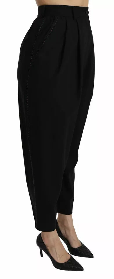 Dolce &amp; Gabbana – Schwarze, verkürzte Hose aus Wolle mit hoher Taille und Bügelfalten vorne