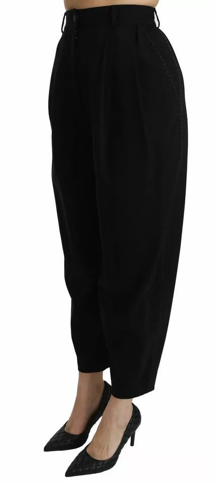 Dolce &amp; Gabbana – Schwarze, verkürzte Hose aus Wolle mit hoher Taille und Bügelfalten vorne