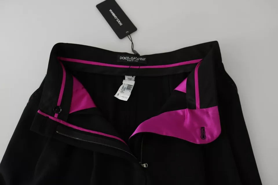 Dolce &amp; Gabbana – Schwarze, verkürzte Hose aus Wolle mit hoher Taille und Bügelfalten vorne
