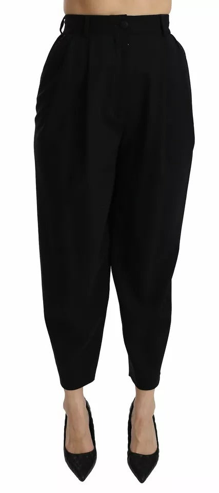 Dolce &amp; Gabbana – Schwarze, verkürzte Hose aus Wolle mit hoher Taille und Bügelfalten vorne