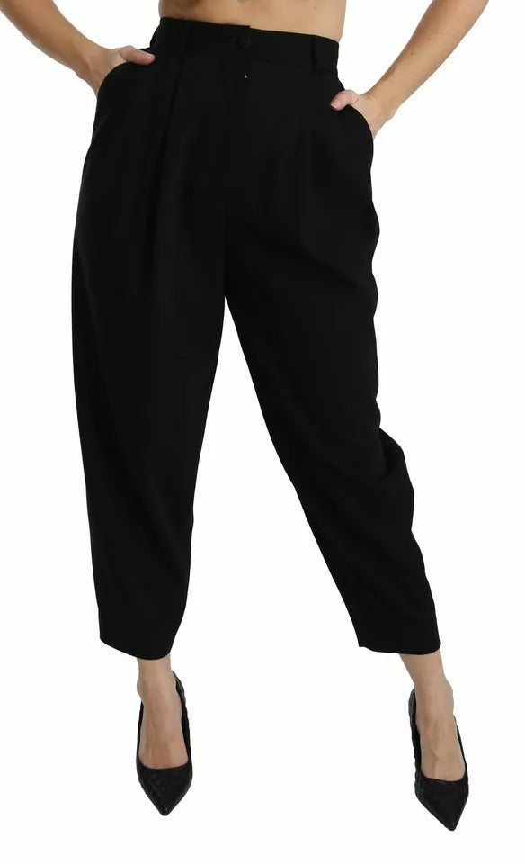 Dolce &amp; Gabbana – Schwarze, verkürzte Hose aus Wolle mit hoher Taille und Bügelfalten vorne