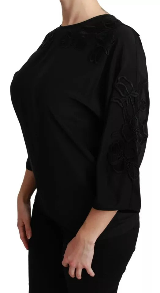 Bluză Dolce &amp; Gabbana neagră cu broderie florală din mătase