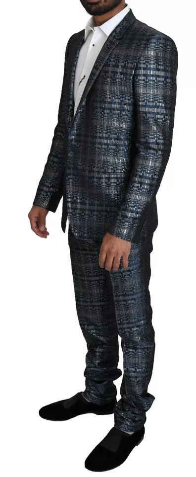 Dolce &amp; Gabbana Blau-Silber glänzender 2-teiliger Slim-Gold-Anzug