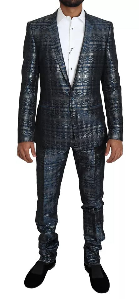 Dolce &amp; Gabbana Blau-Silber glänzender 2-teiliger Slim-Gold-Anzug