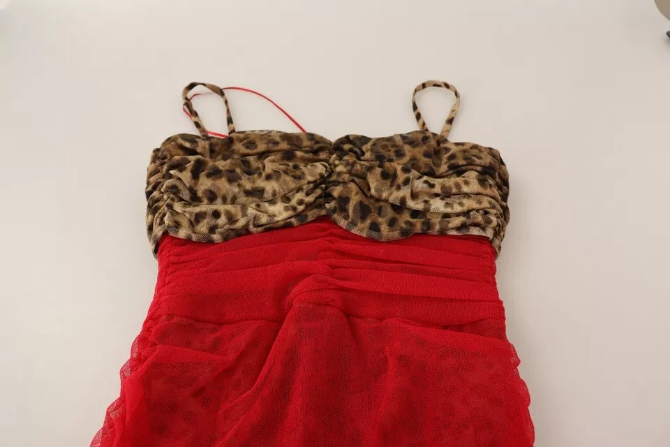 Rochie midi Dolce &amp; Gabbana din tul roșu cu imprimeu leopard maro