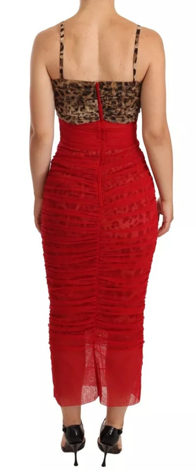 Rochie midi Dolce &amp; Gabbana din tul roșu cu imprimeu leopard maro