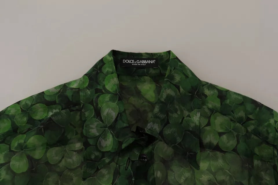 Bluză Dolce &amp; Gabbana cu guler și mâneci lungi și imprimeu trifoi verde