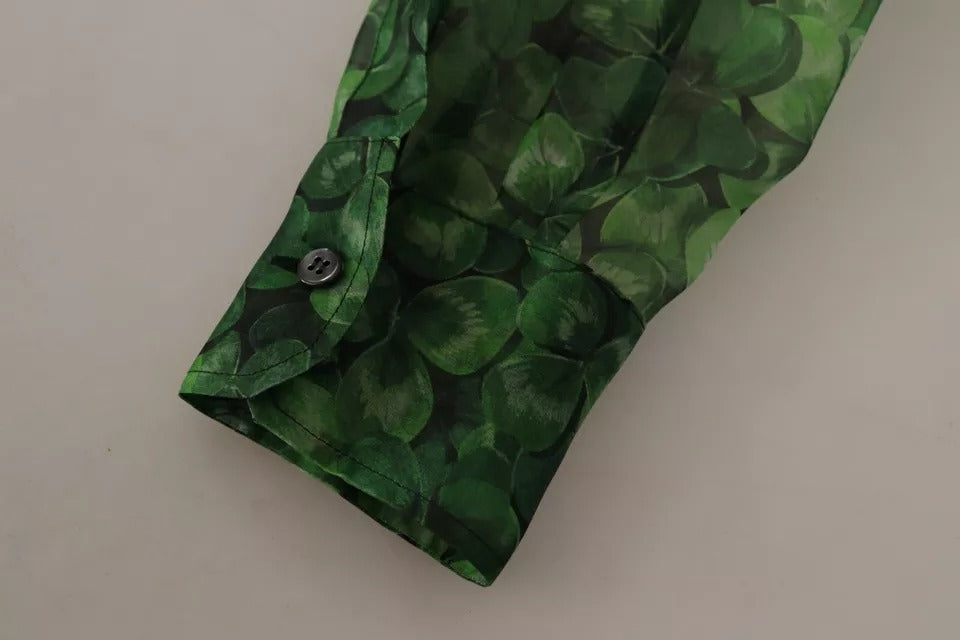 Bluză Dolce &amp; Gabbana cu guler și mâneci lungi și imprimeu trifoi verde
