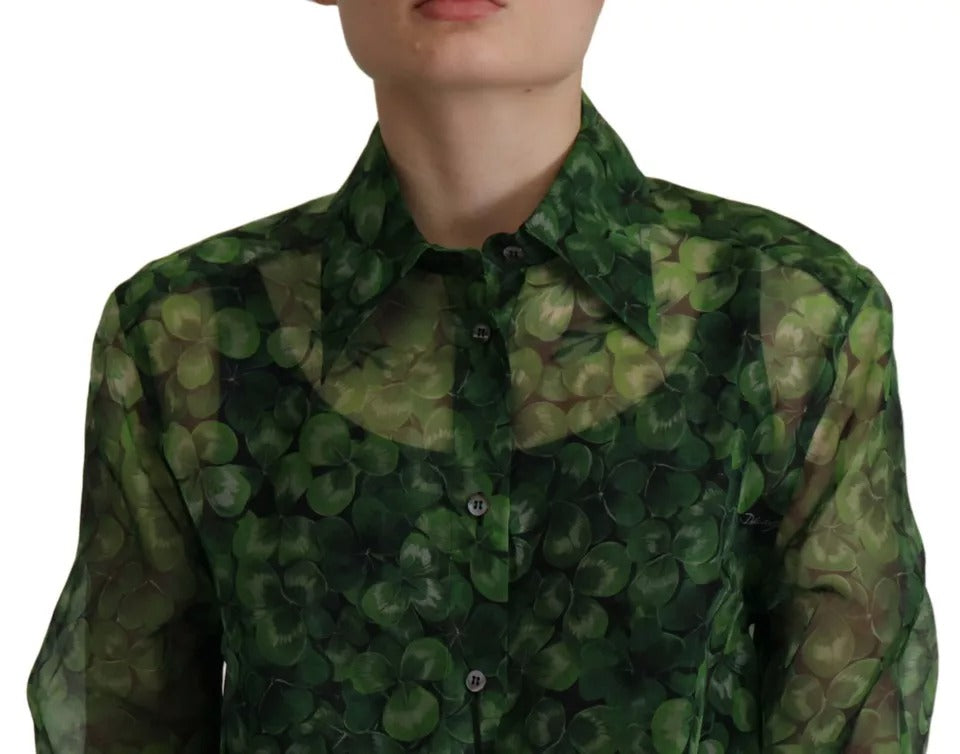 Bluză Dolce &amp; Gabbana cu guler și mâneci lungi și imprimeu trifoi verde