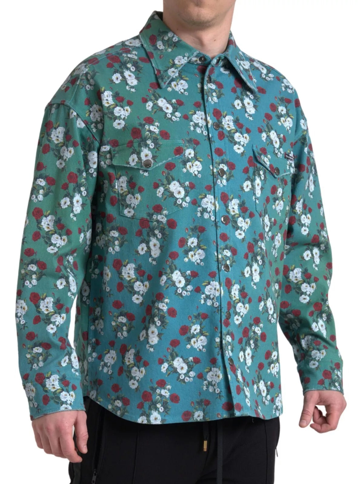 Dolce &amp; Gabbana – Blaues Jeanshemd aus Baumwolle mit Knopfleiste und Blumenmuster