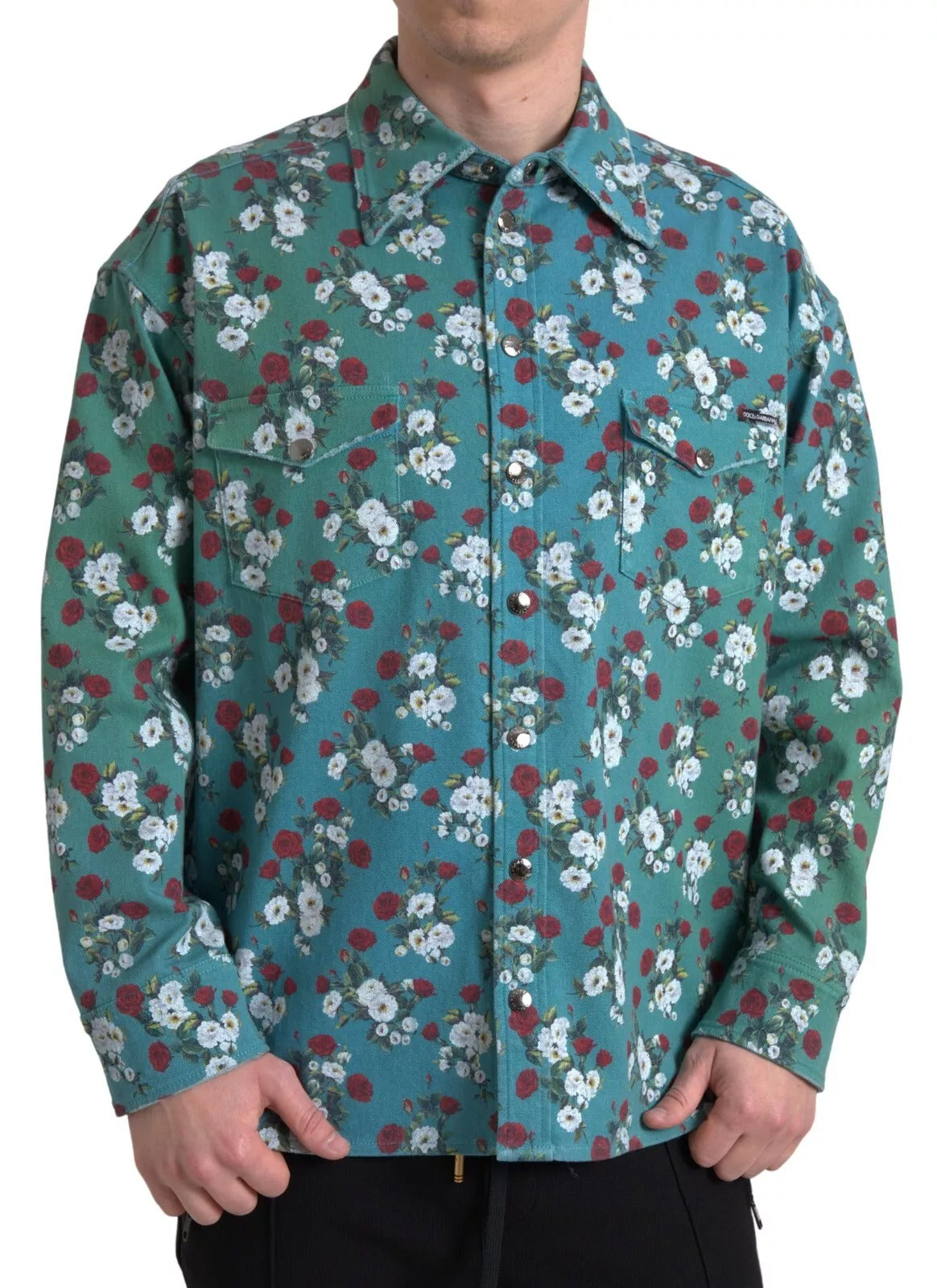 Dolce &amp; Gabbana – Blaues Jeanshemd aus Baumwolle mit Knopfleiste und Blumenmuster