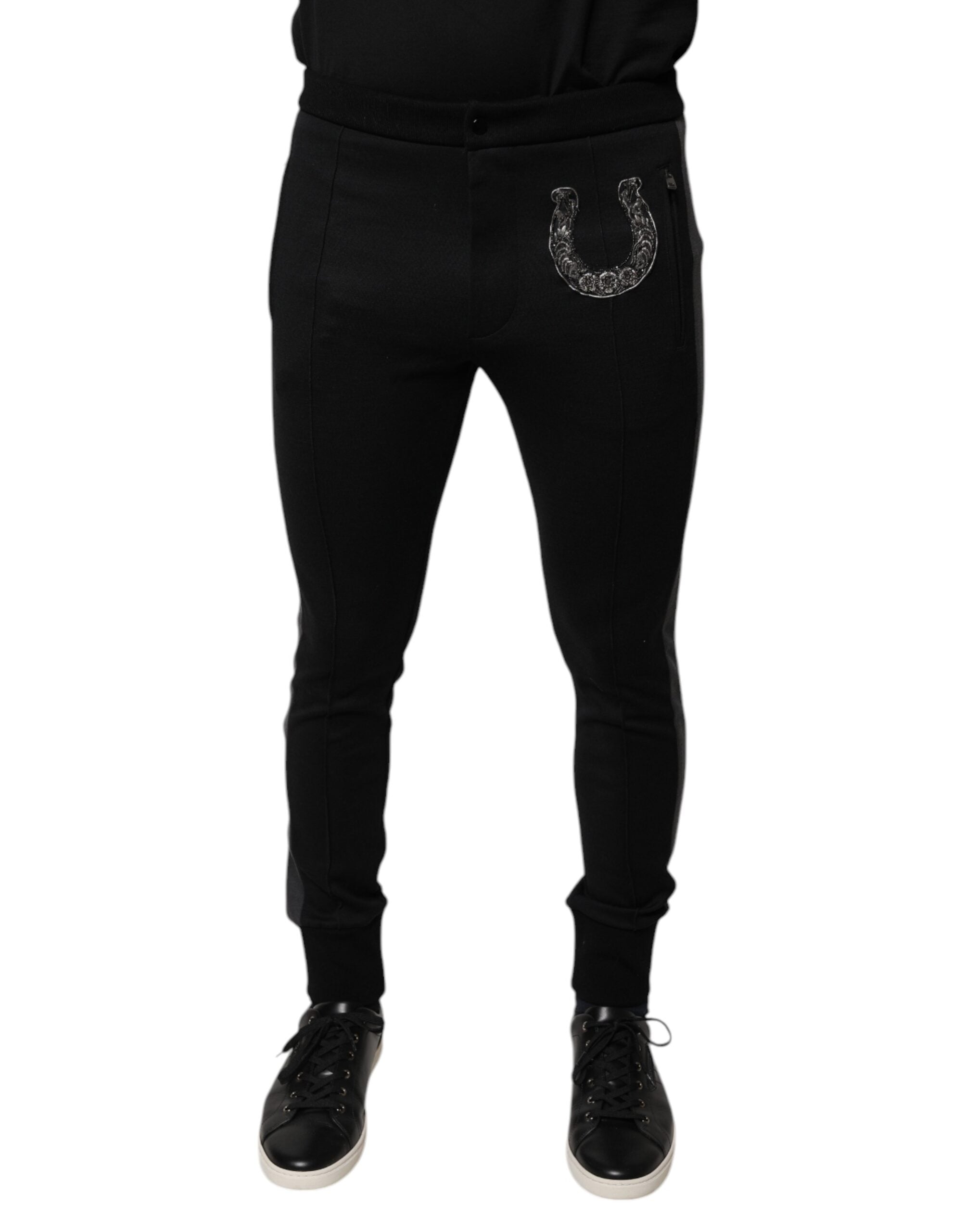 Dolce &amp; Gabbana – Schwarze Slim-Fit-Hose aus Wolle mit Hufeisenverzierung