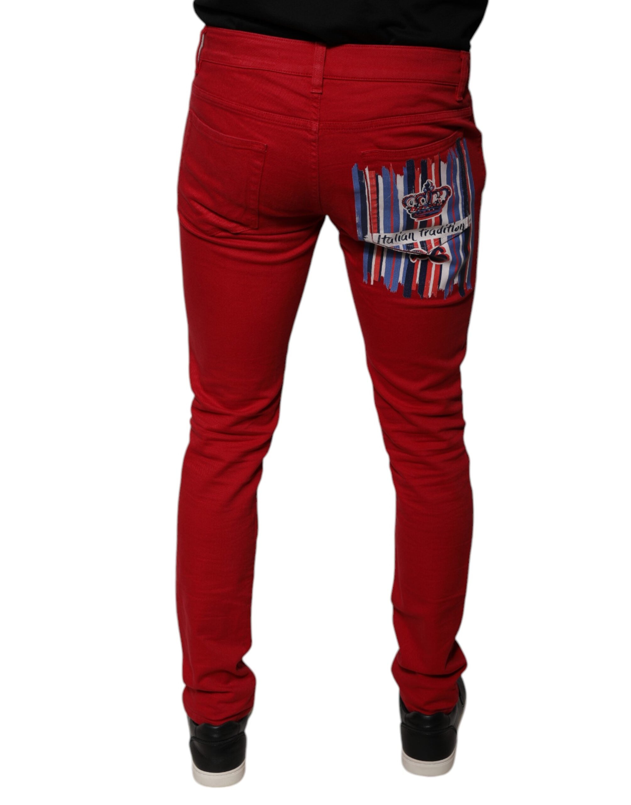 Dolce &amp; Gabbana – Skinny-Jeans aus Baumwolle mit rotem Kronenlogo