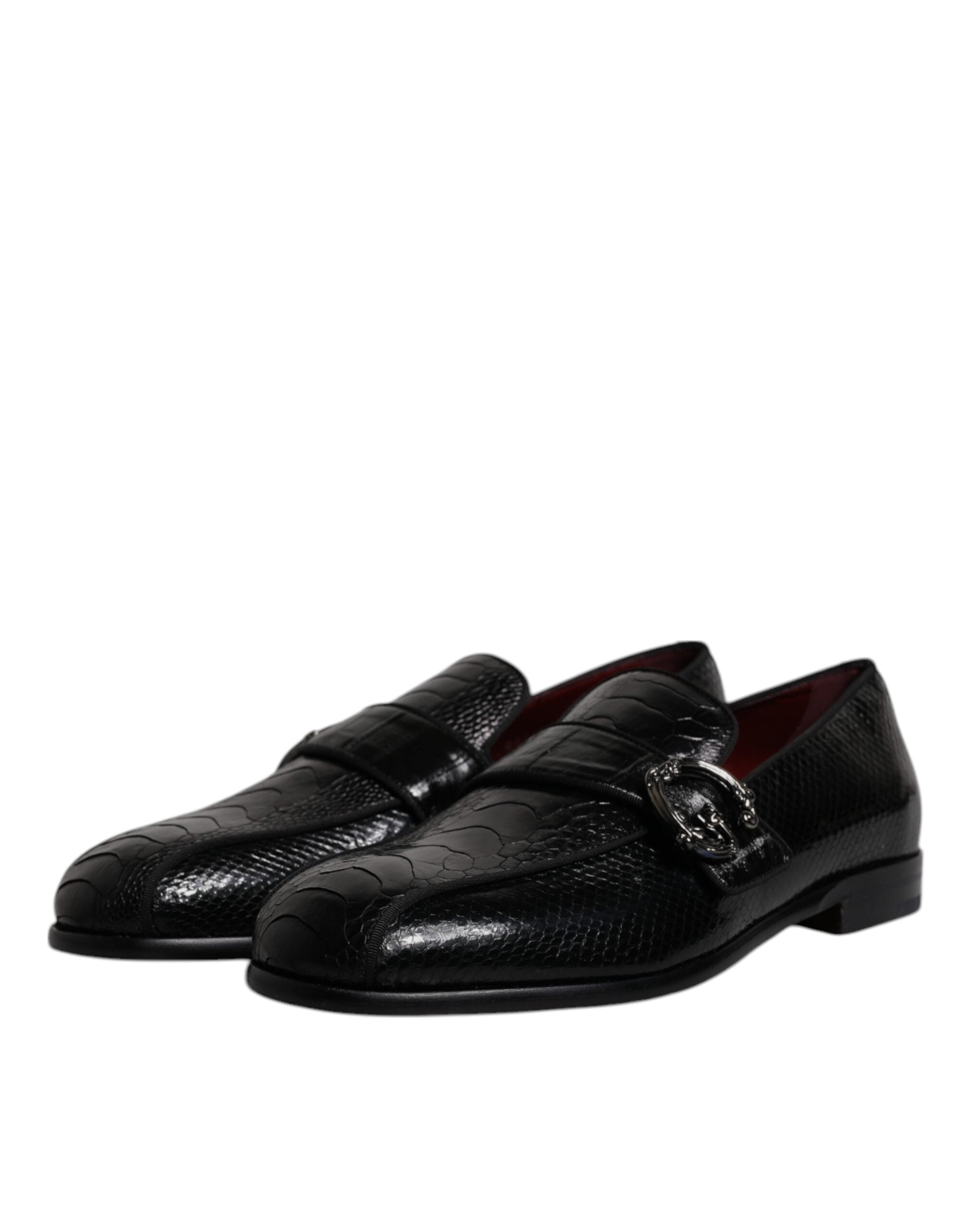 Mocasini Dolce &amp; Gabbana negri din piele exotică cu logo DG și pantofi eleganți formali