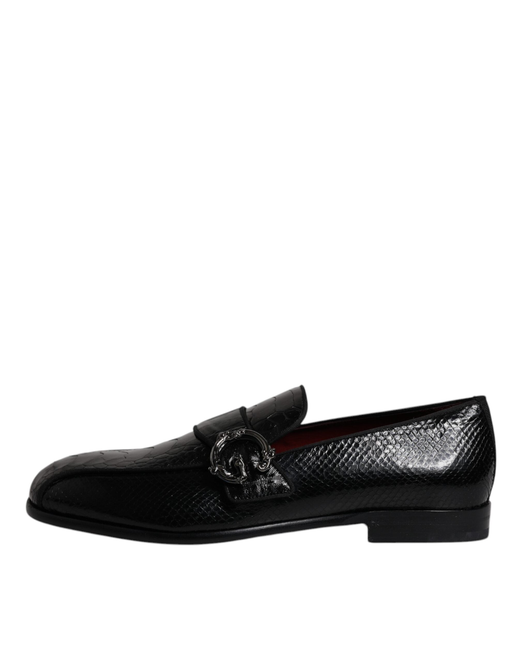 Mocasini Dolce &amp; Gabbana negri din piele exotică cu logo DG și pantofi eleganți formali