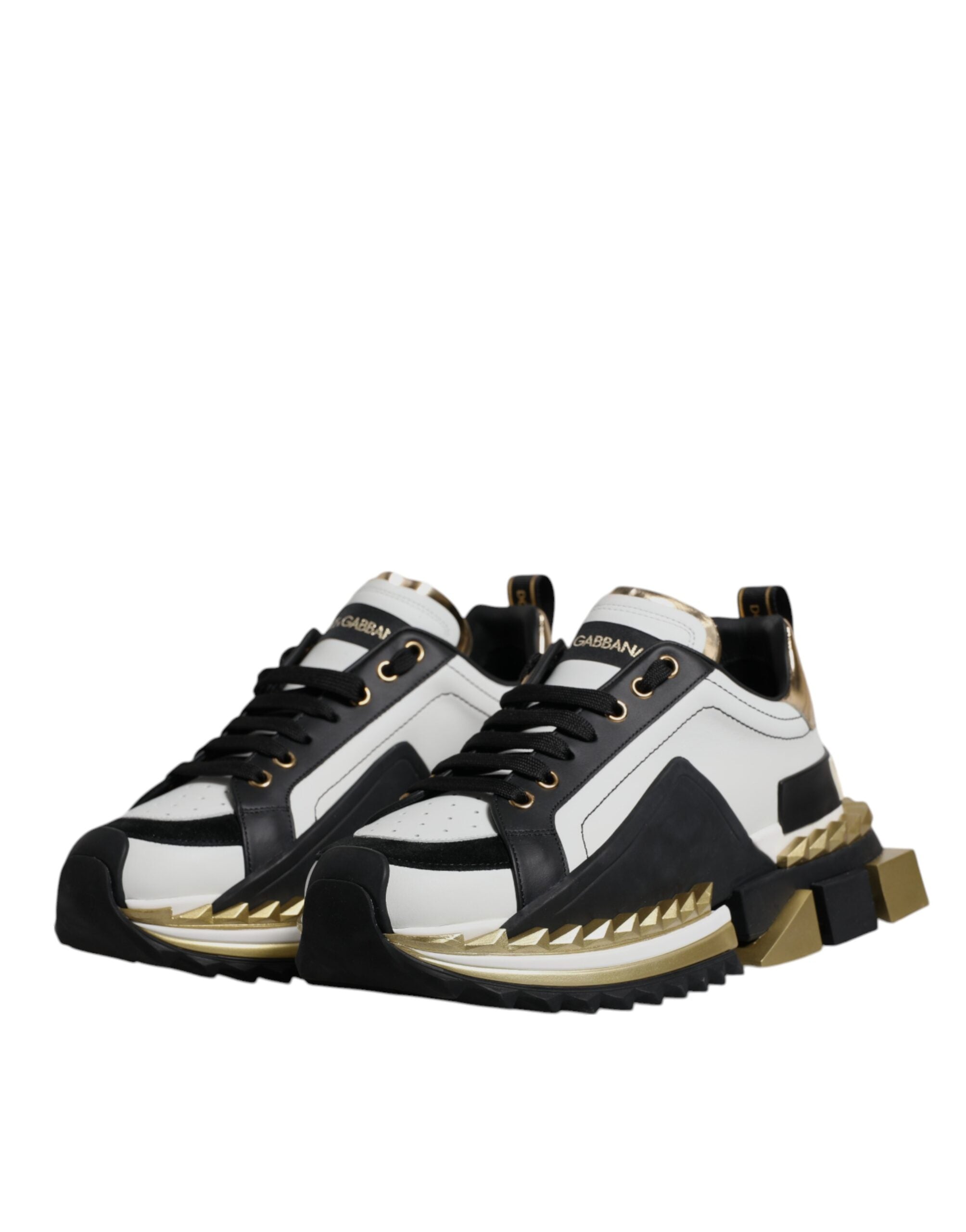 Dolce &amp; Gabbana Weißgold Schwarz Leder SUPER KING Sneakers Schuhe