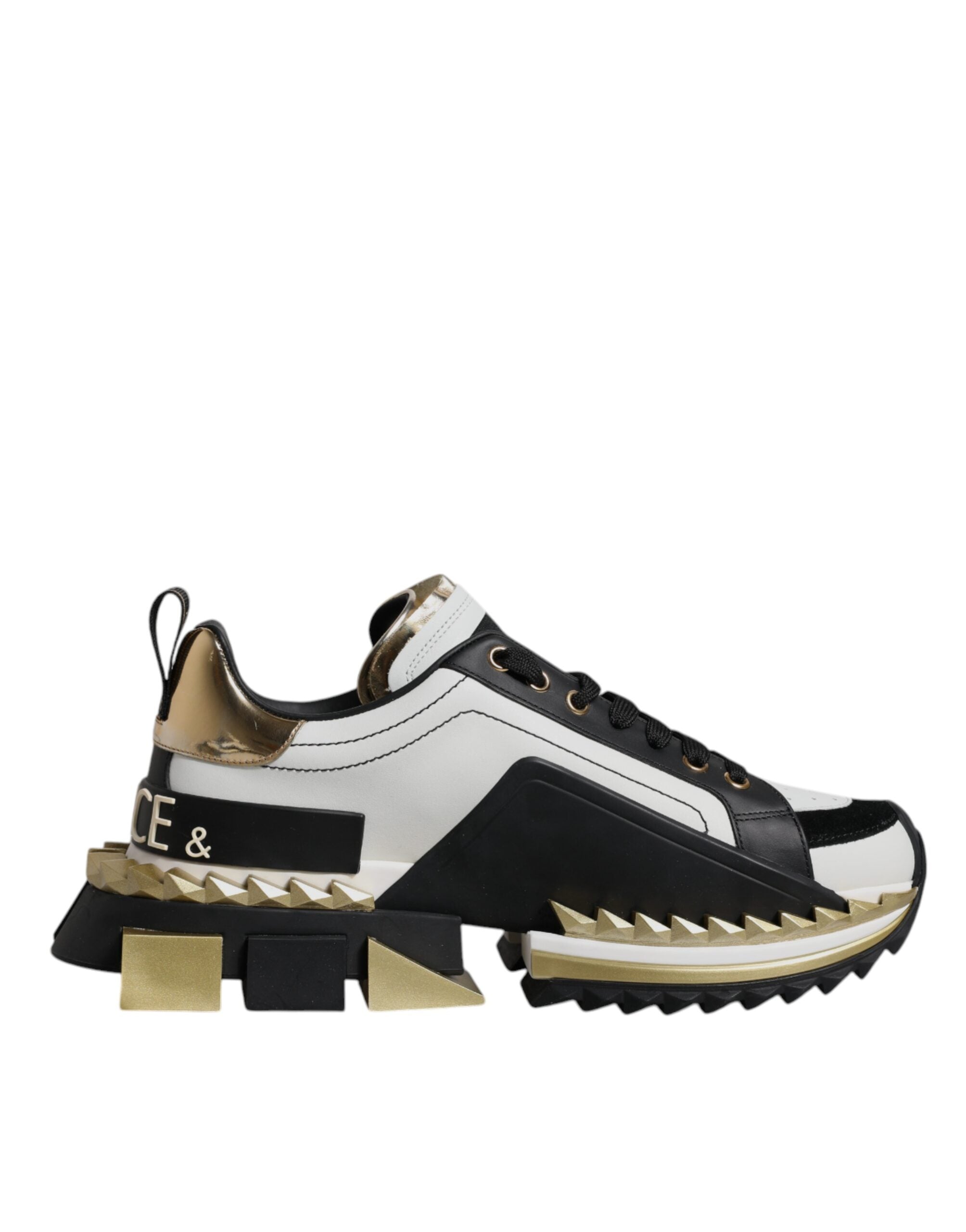 Dolce &amp; Gabbana Weißgold Schwarz Leder SUPER KING Sneakers Schuhe
