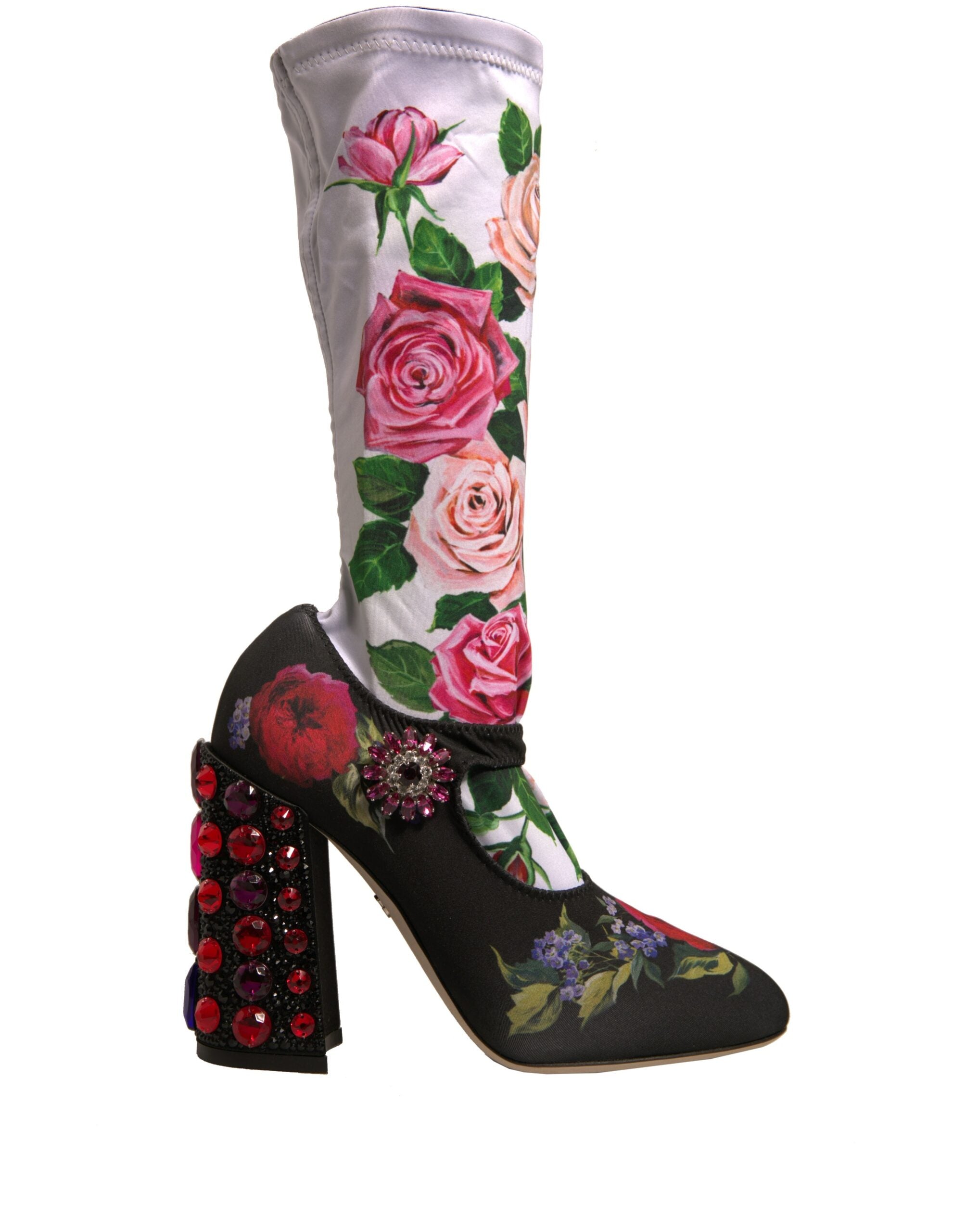Dolce &amp; Gabbana Schwarze Blumensocken Kristallstiefel Jerseyschuhe
