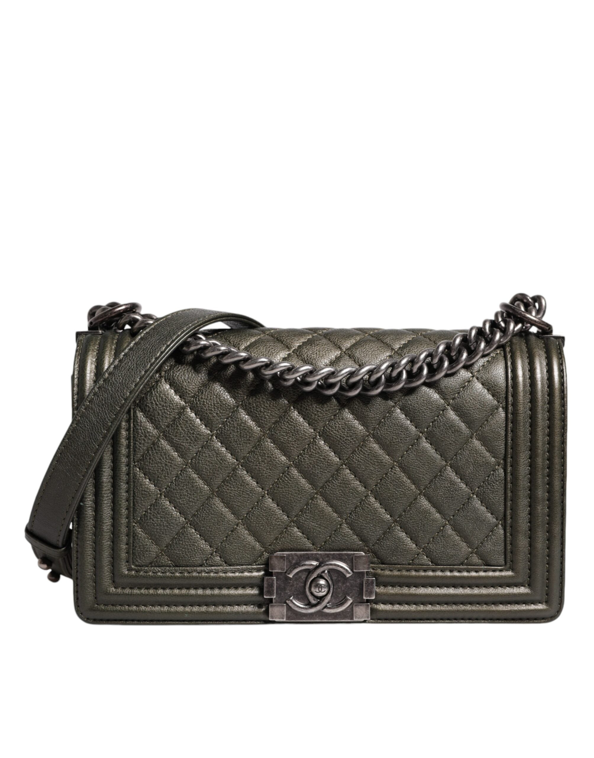 Chanel Dunkelgrüne Leder-Umhängetasche Graue Metall-Handtasche