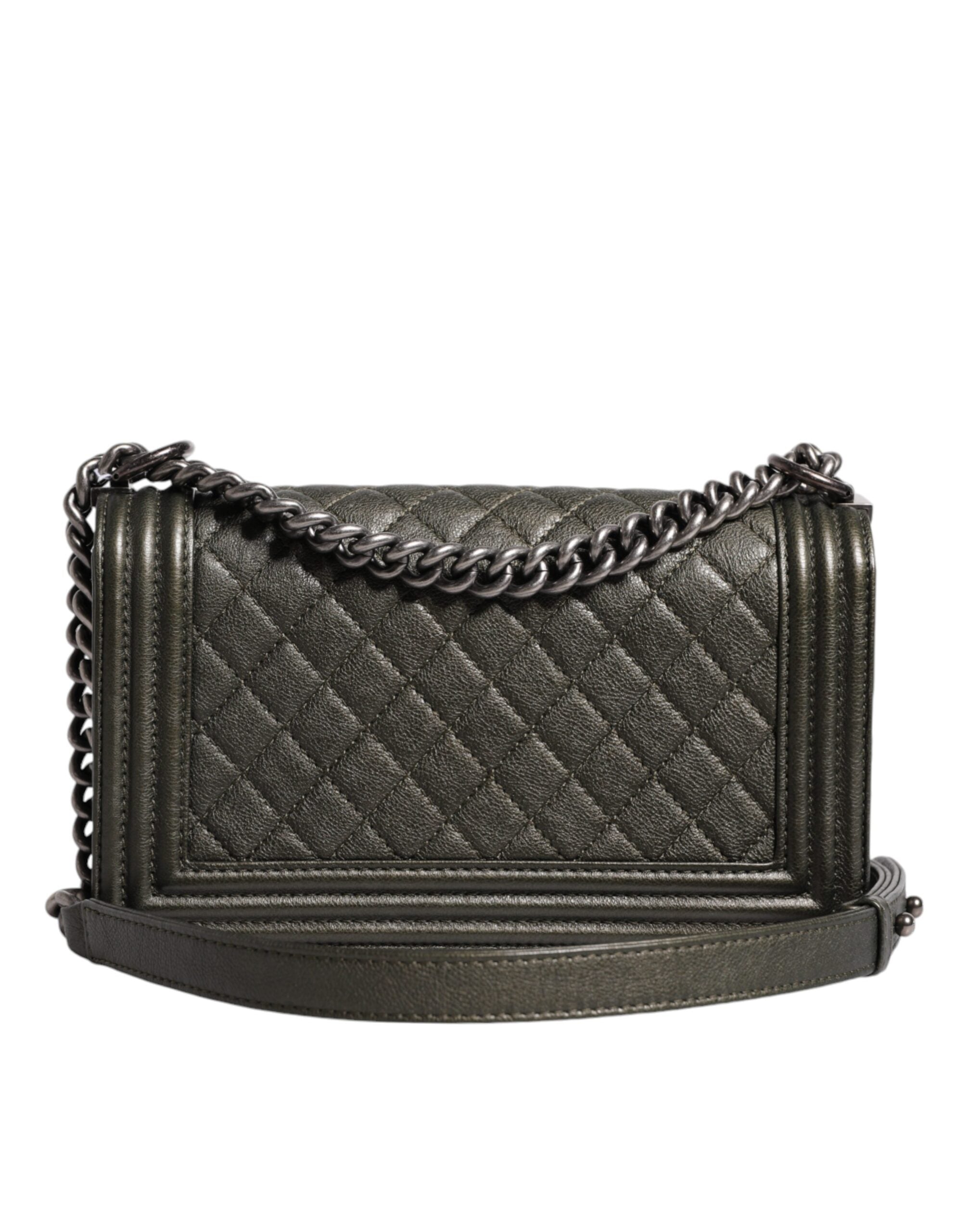 Chanel Dunkelgrüne Leder-Umhängetasche Graue Metall-Handtasche