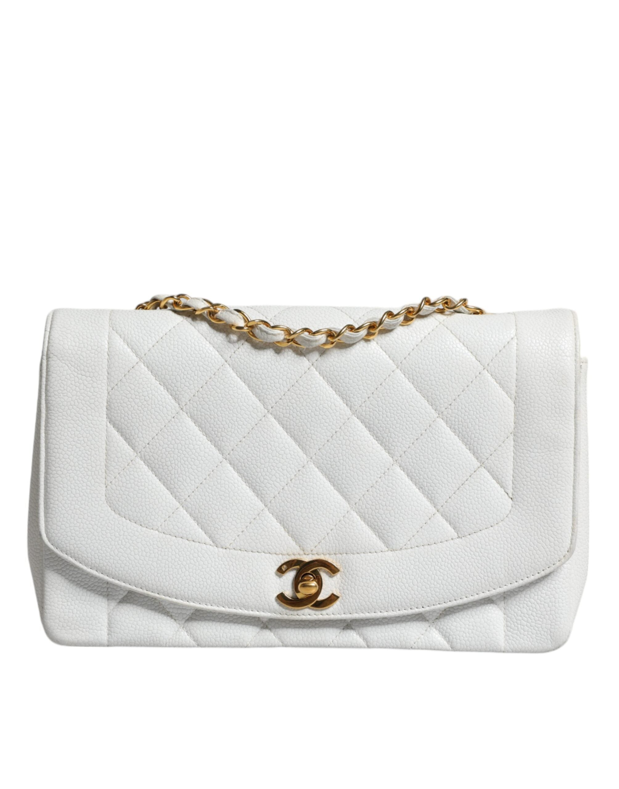 Chanel Weiße mittelgroße klassische DIANA-Umhängetasche, vergoldete Handtasche