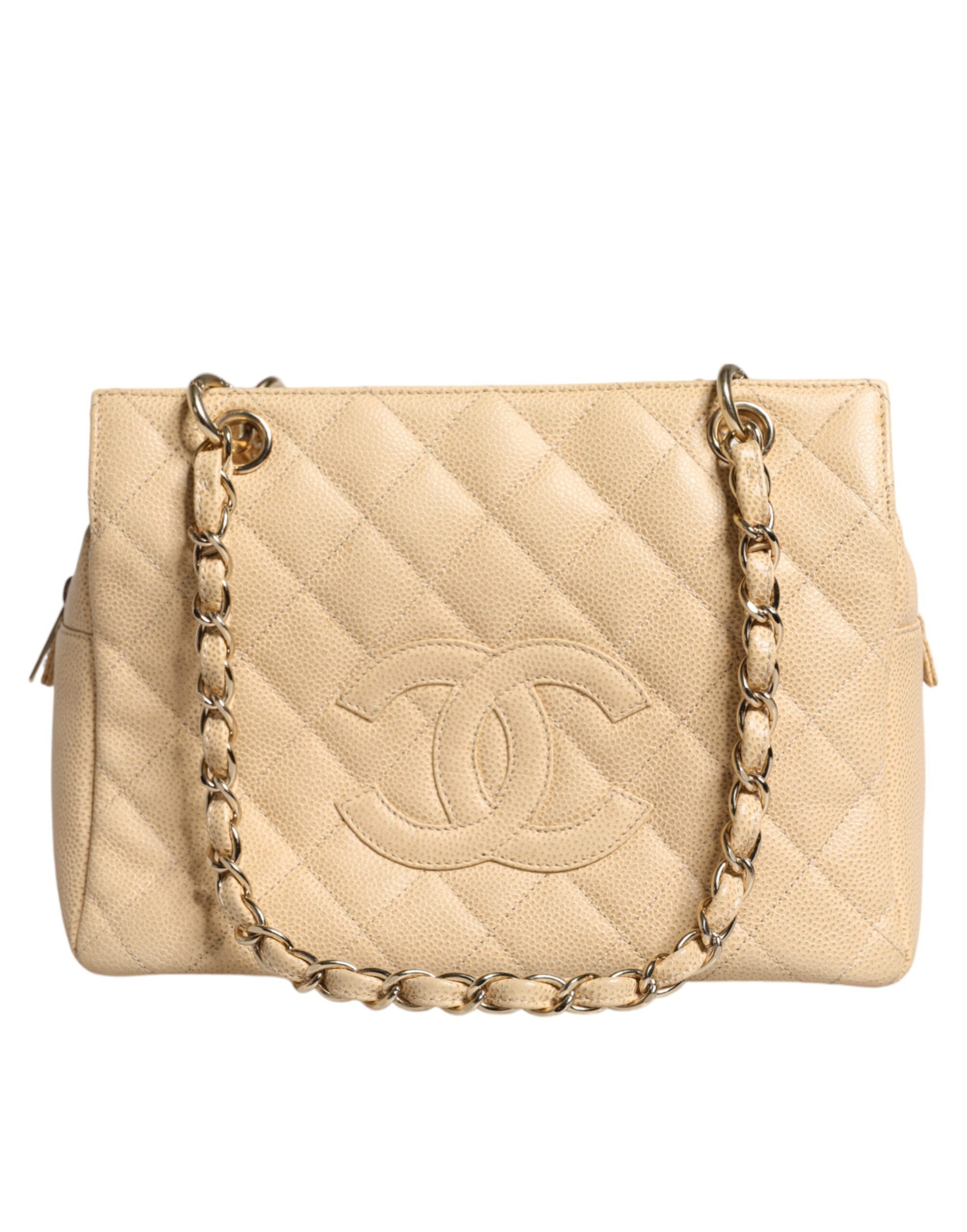 Chanel Beige Caviar De Coco Handtasche aus Leder mit Kette