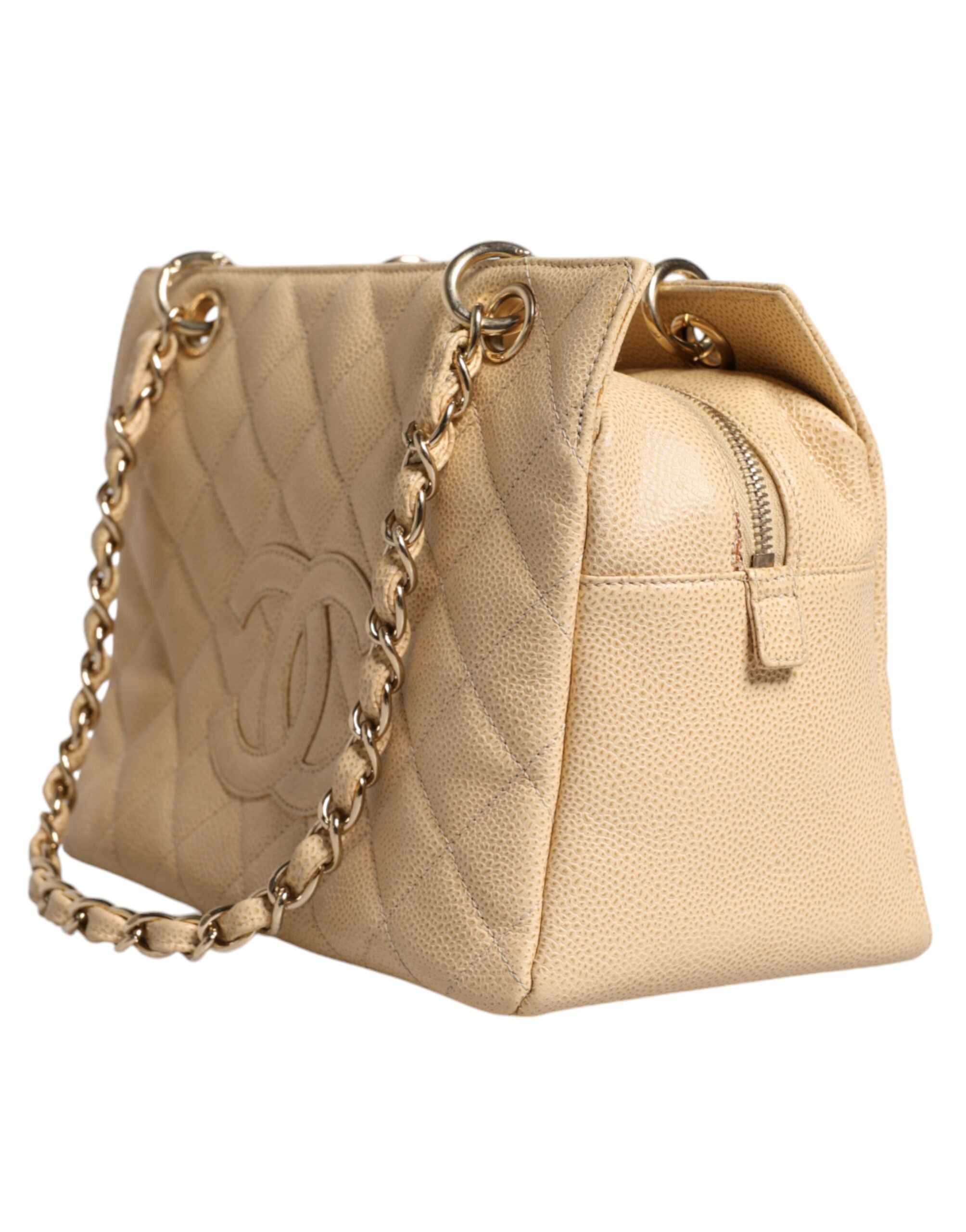 Chanel Beige Caviar De Coco Handtasche aus Leder mit Kette