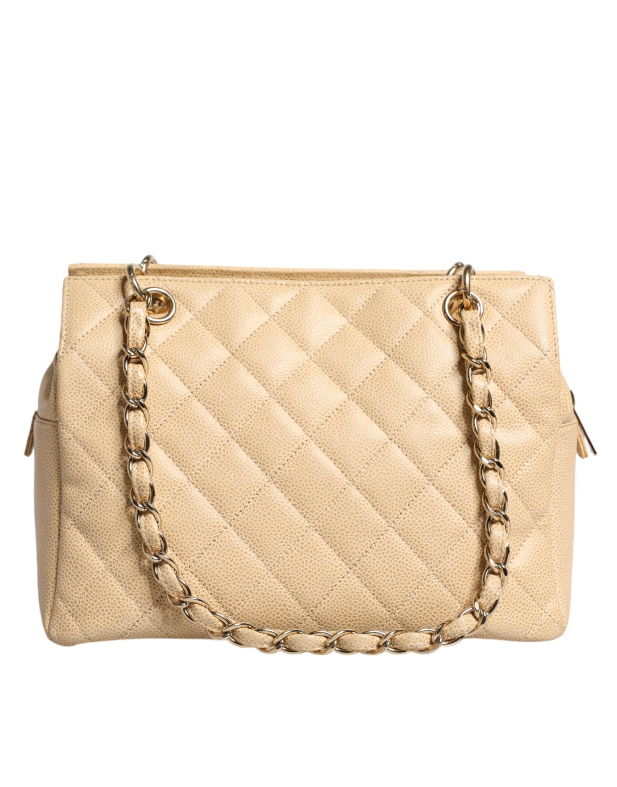 Chanel Beige Caviar De Coco Handtasche aus Leder mit Kette