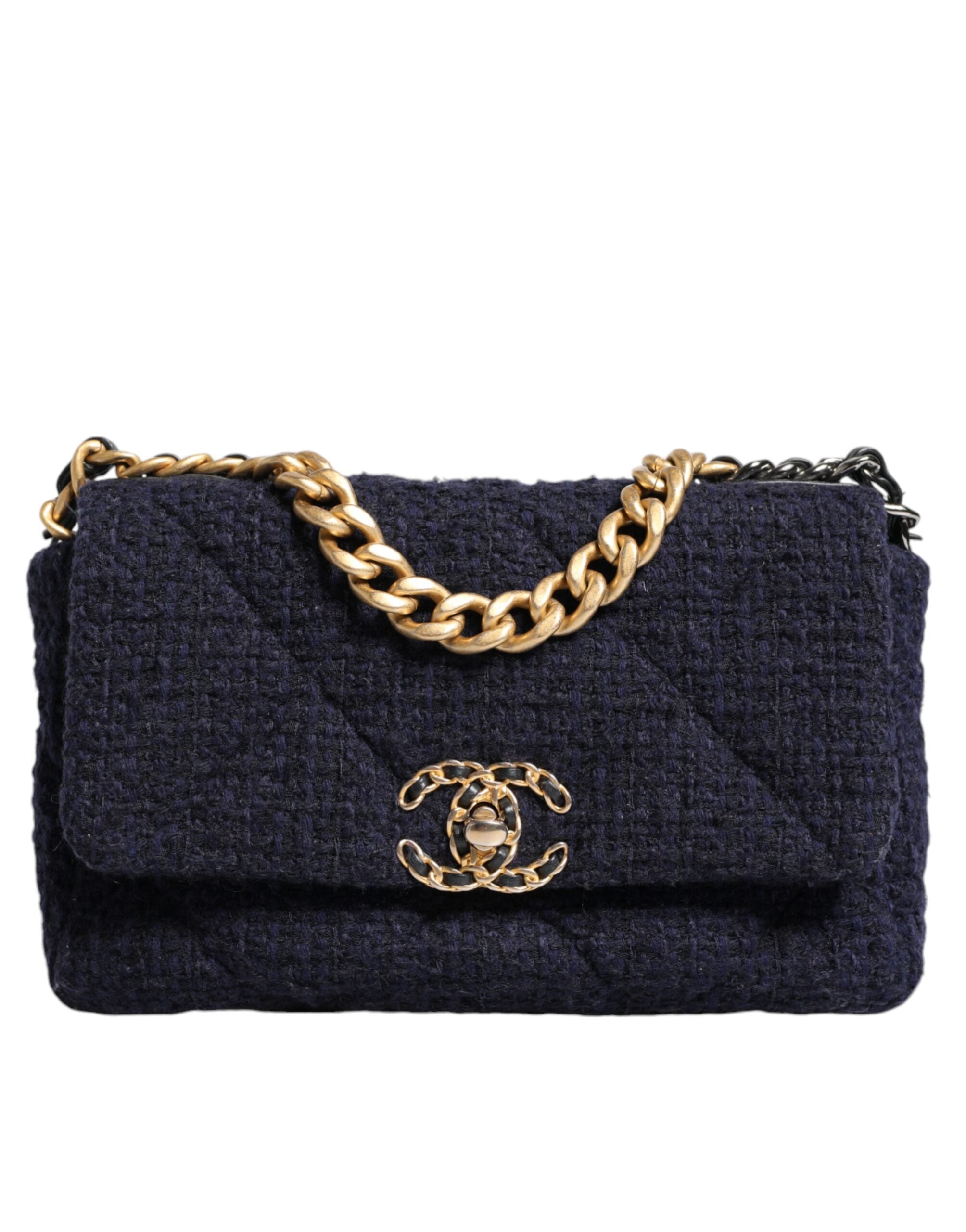 Chanel Dunkelblaue CC-Umhängetasche aus Tweed mit mittlerer Klappe und goldgrauer Kette