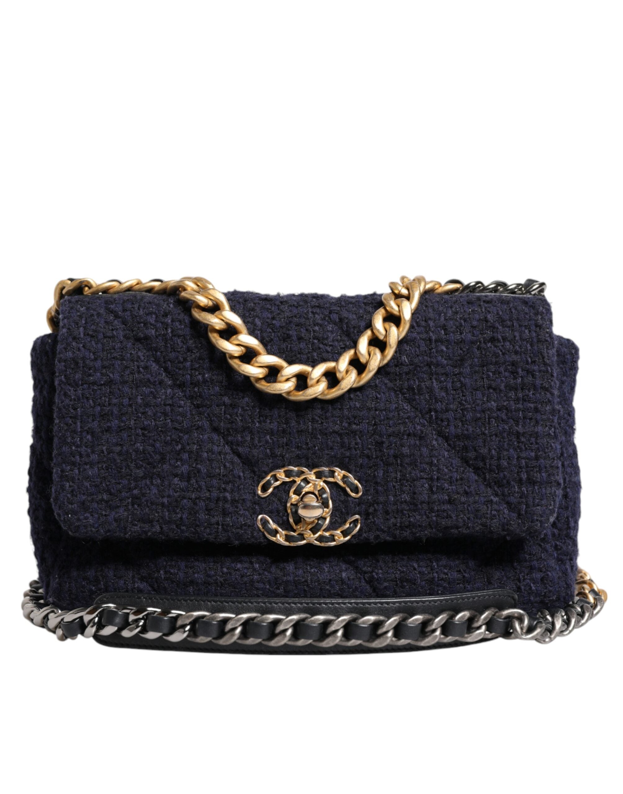 Chanel Dunkelblaue CC-Umhängetasche aus Tweed mit mittlerer Klappe und goldgrauer Kette