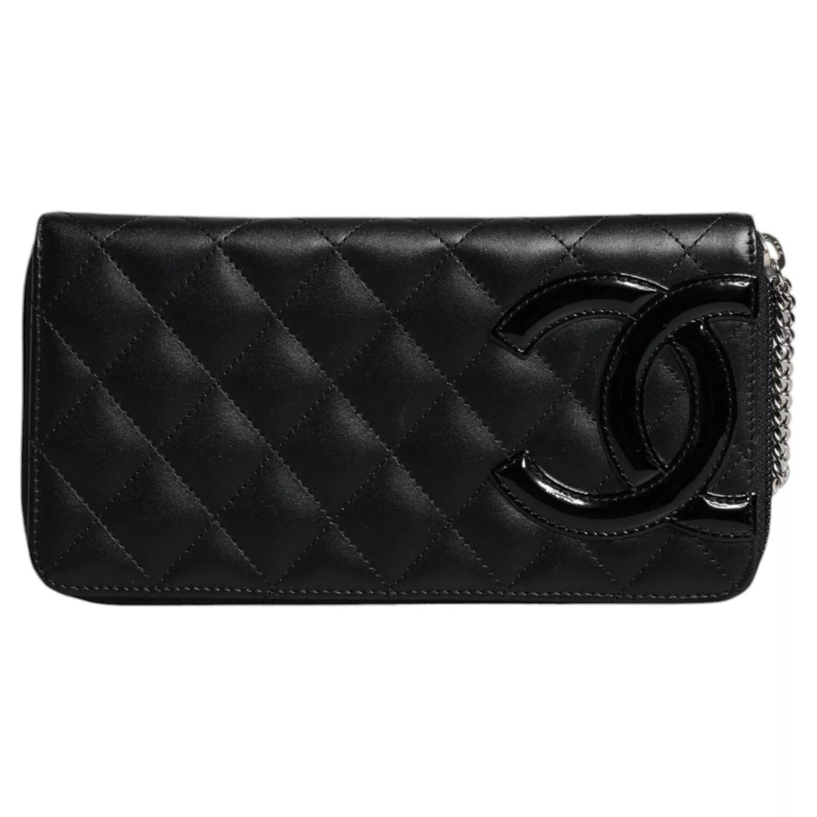 Chanel – Schwarzes gestepptes Leder-Logo mit CC-Kontinental-Reißverschluss