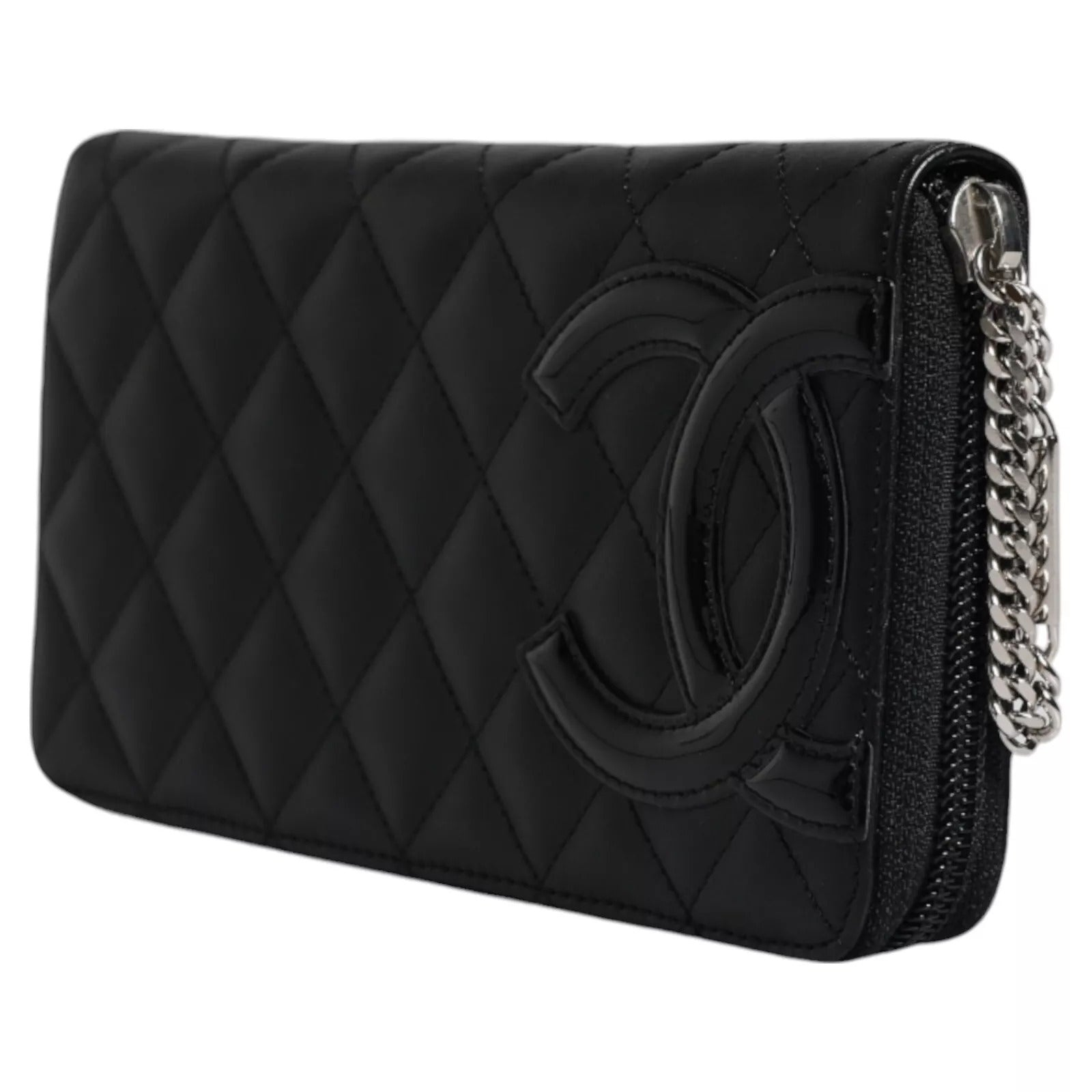 Chanel – Schwarzes gestepptes Leder-Logo mit CC-Kontinental-Reißverschluss