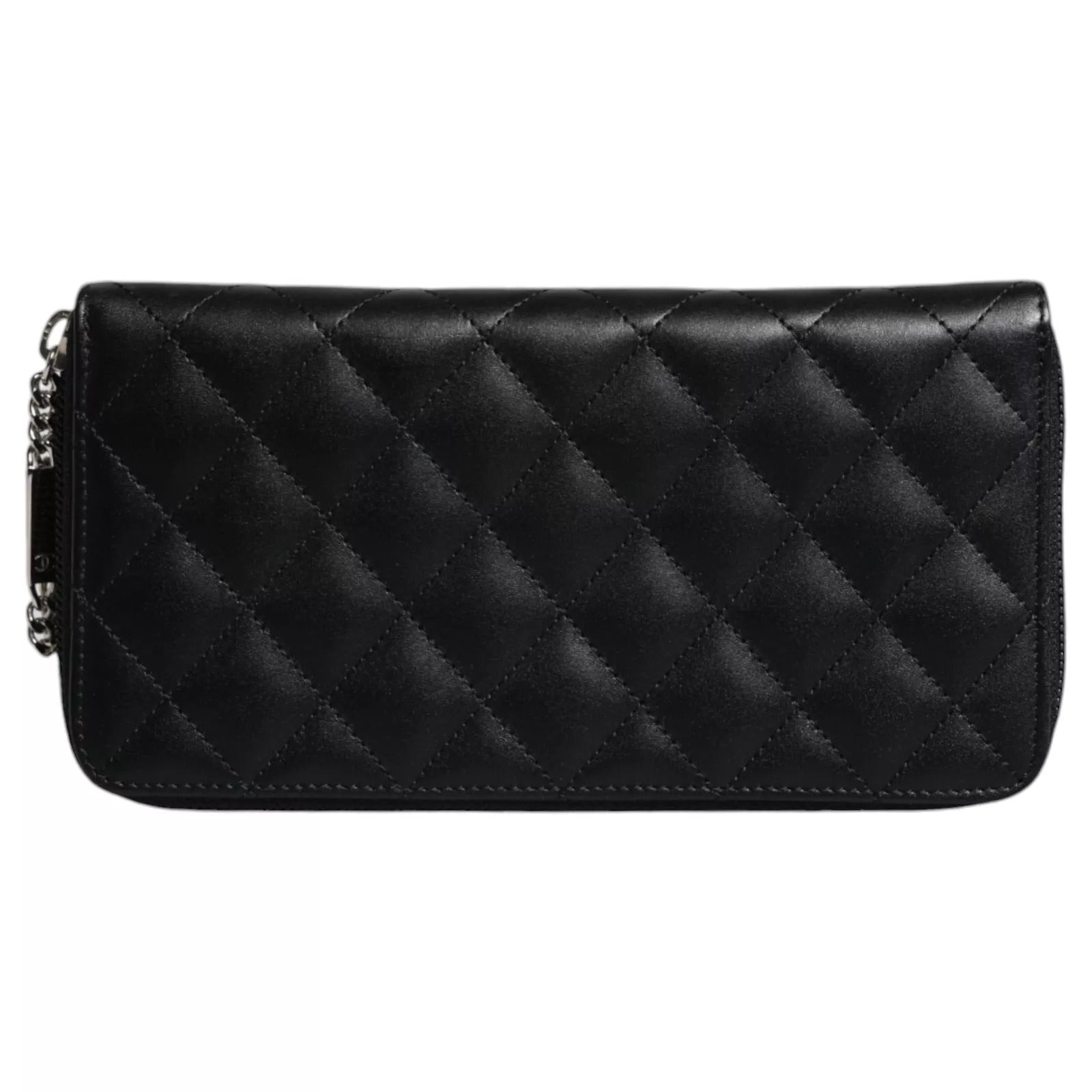 Chanel – Schwarzes gestepptes Leder-Logo mit CC-Kontinental-Reißverschluss