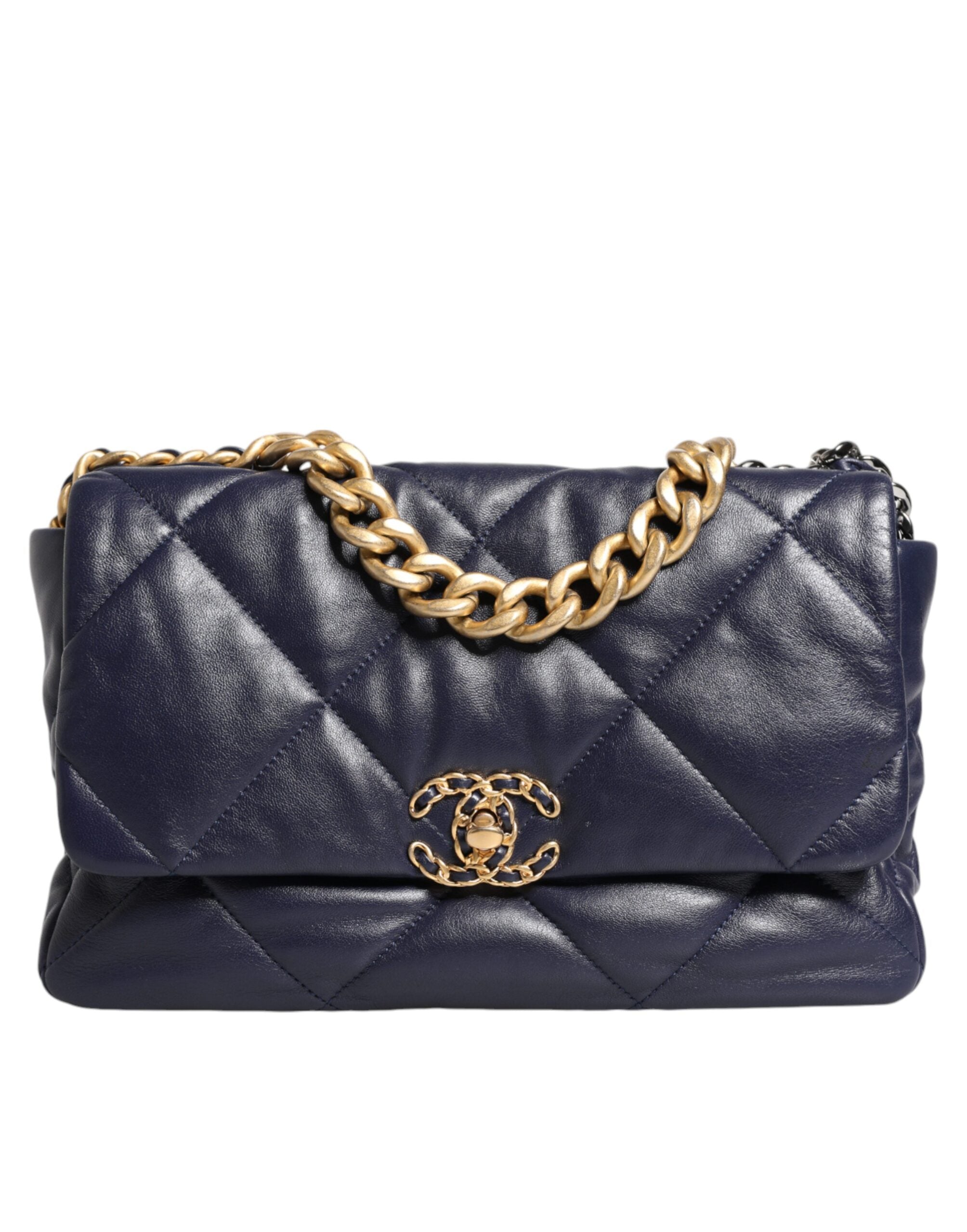 Chanel – Große, gesteppte Umhängetasche aus blauem Leder mit Kette